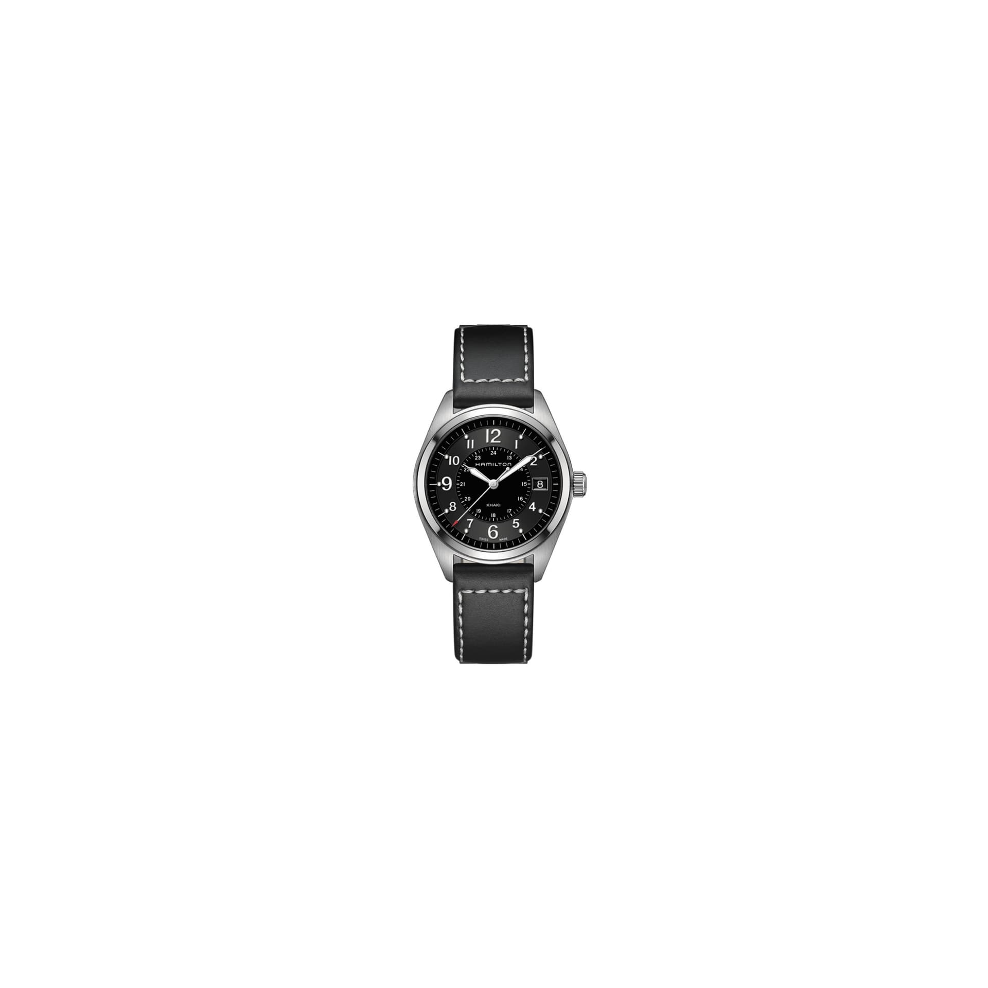 Hamilton Montre Hamilton Khaki Field cadran noir bracelet cuir noir 40 mm