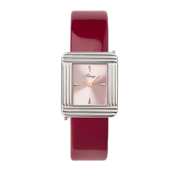Poiray Montre Poiray Ma Première Acier Cadran Rose Bracelet Veau Vernis Cerise