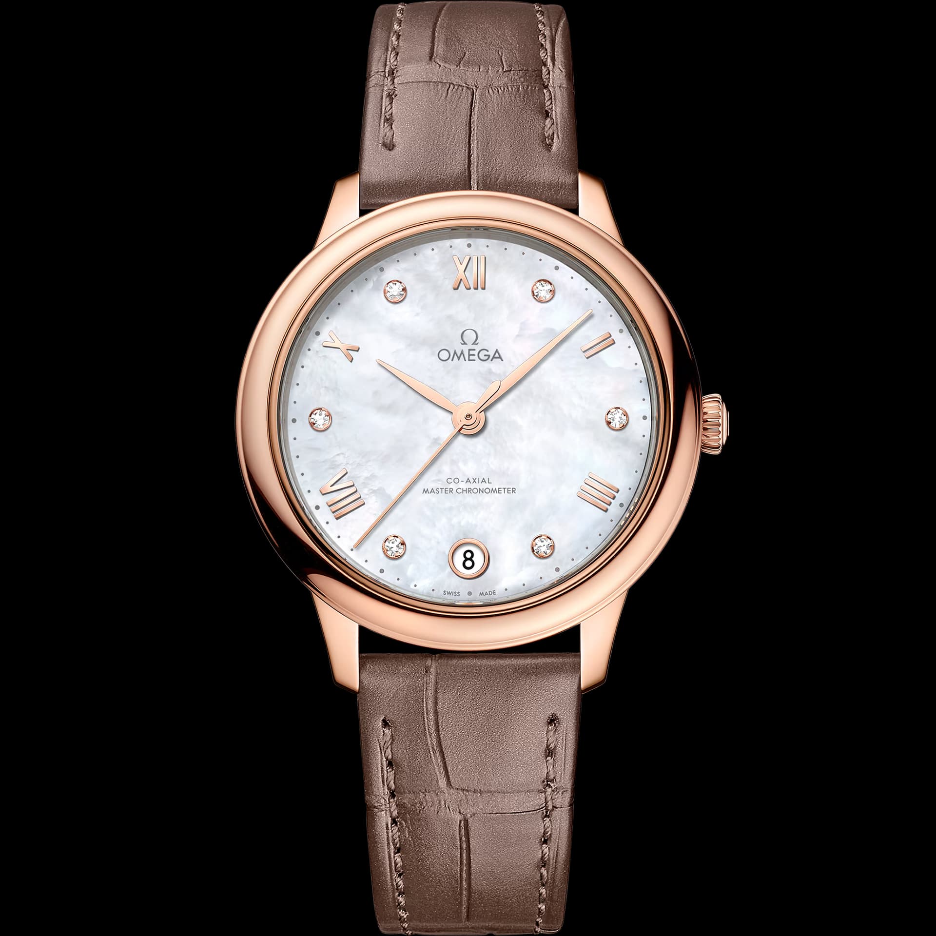 Omega De Ville 34 mm, or Sedna™ sur bracelet en cuir