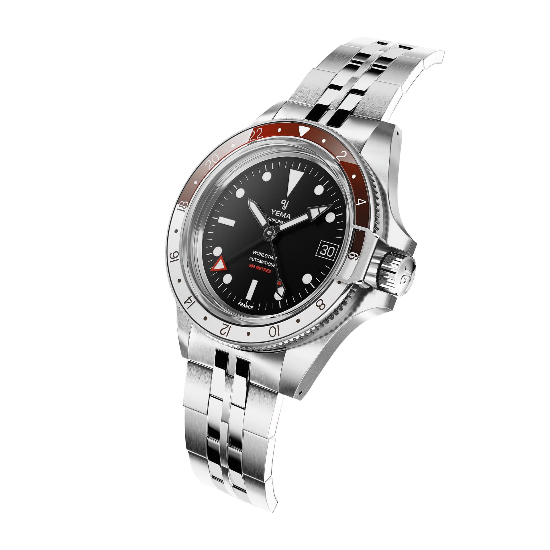 Yema Montre Yema Superman 500 GMT automatique lunette rouge et blanche cadran noir bracelet acier 39 mm