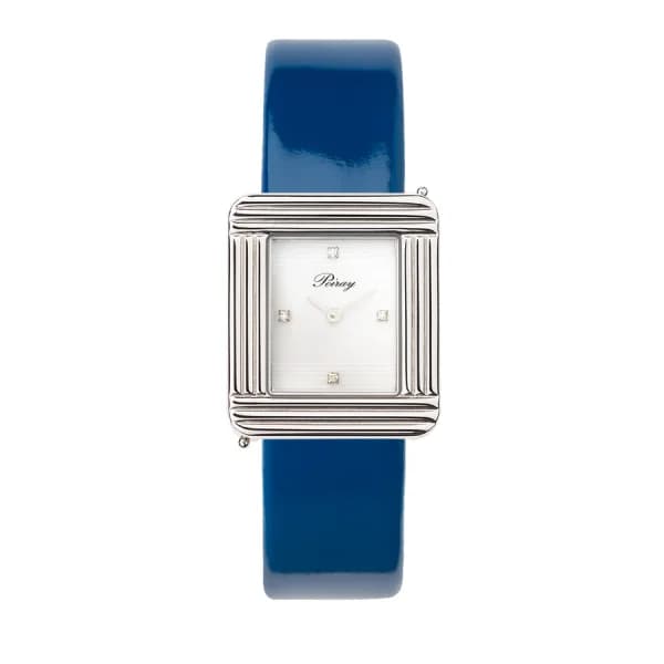 Poiray Montre Poiray Ma Première Cadran Blanc Serti Bracelet Veau Vernis Bleu