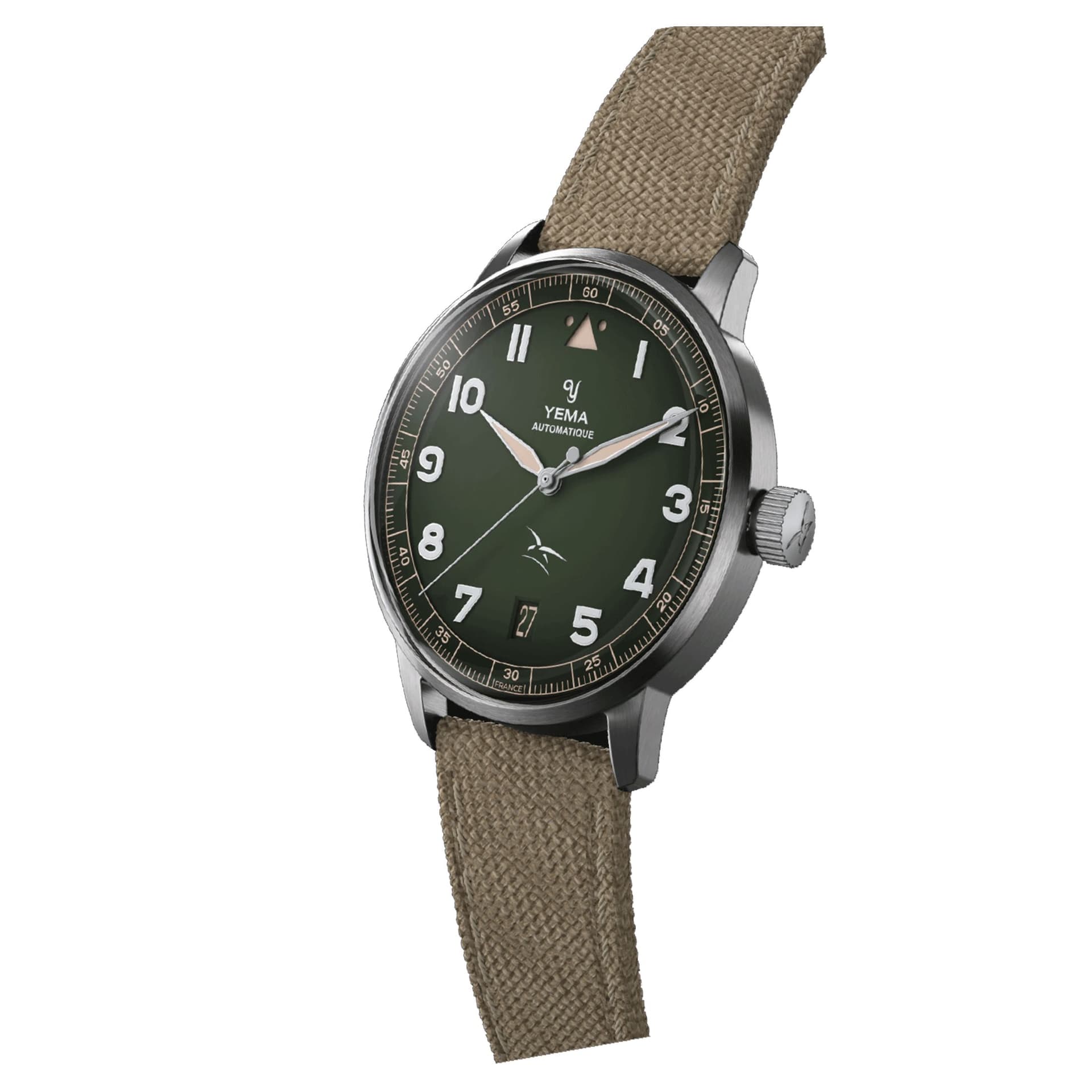 Yema Montre Yema Flygraf Flieger AAE automatique cadran vert bracelet tissu beige 40 mm