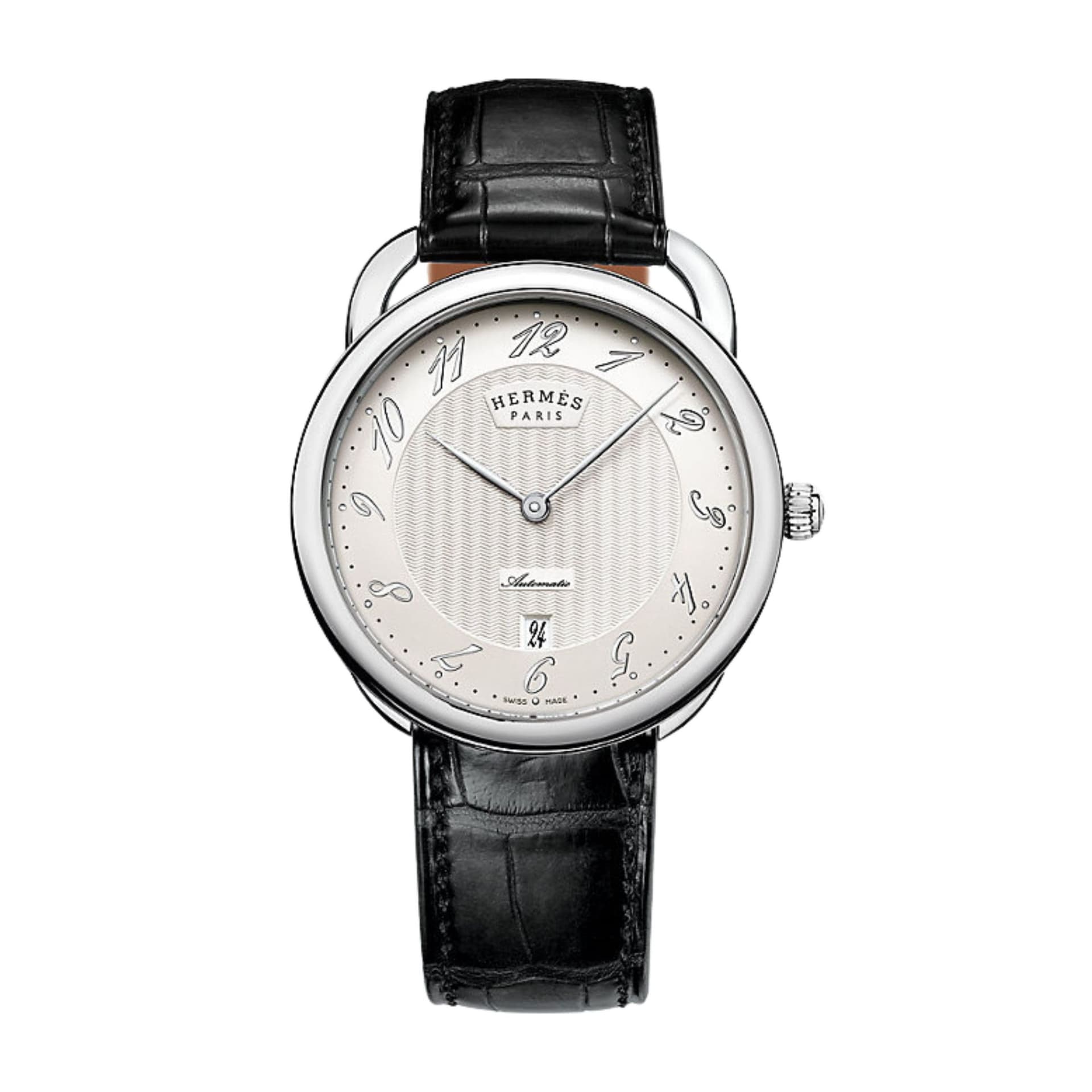 Hermès Montre HERMÈS Arceau mouvement manufacture cadran argenté bracelet cuir noir 40 mm