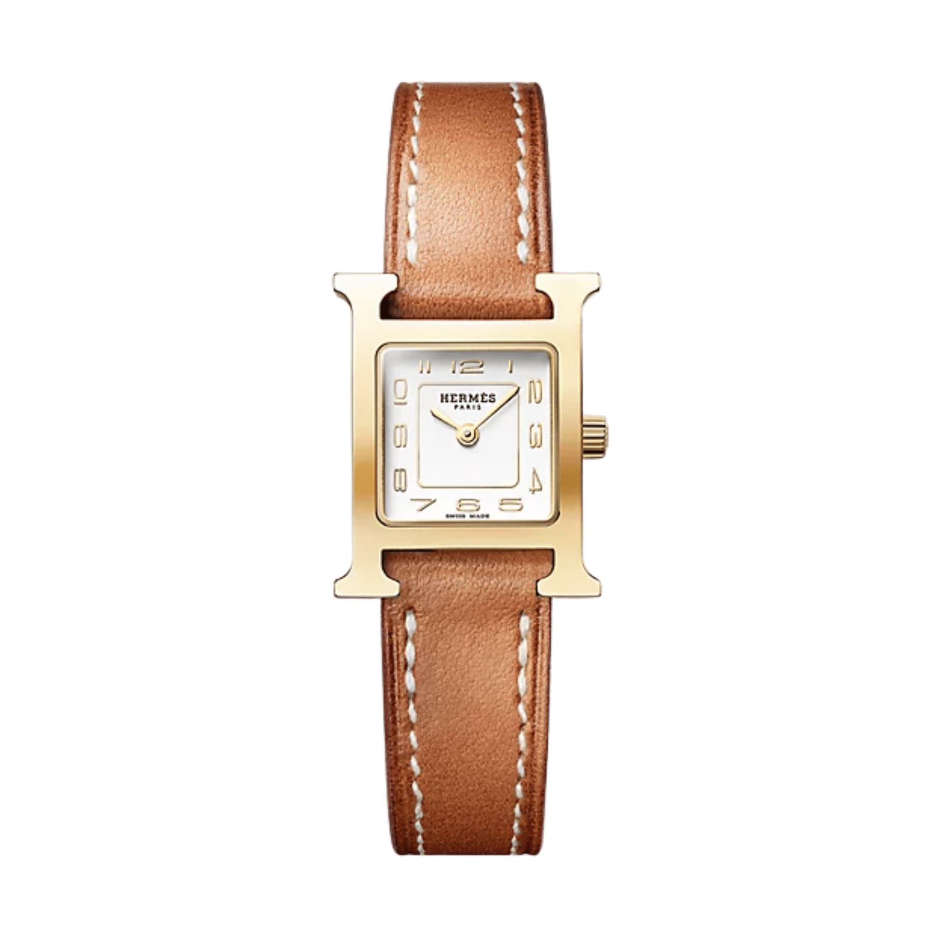 Hermès Montre HERMÈS Heure H Mini Modèle plaqué or jaune quartz cadran argenté bracelet cuir Barénia 21 mm