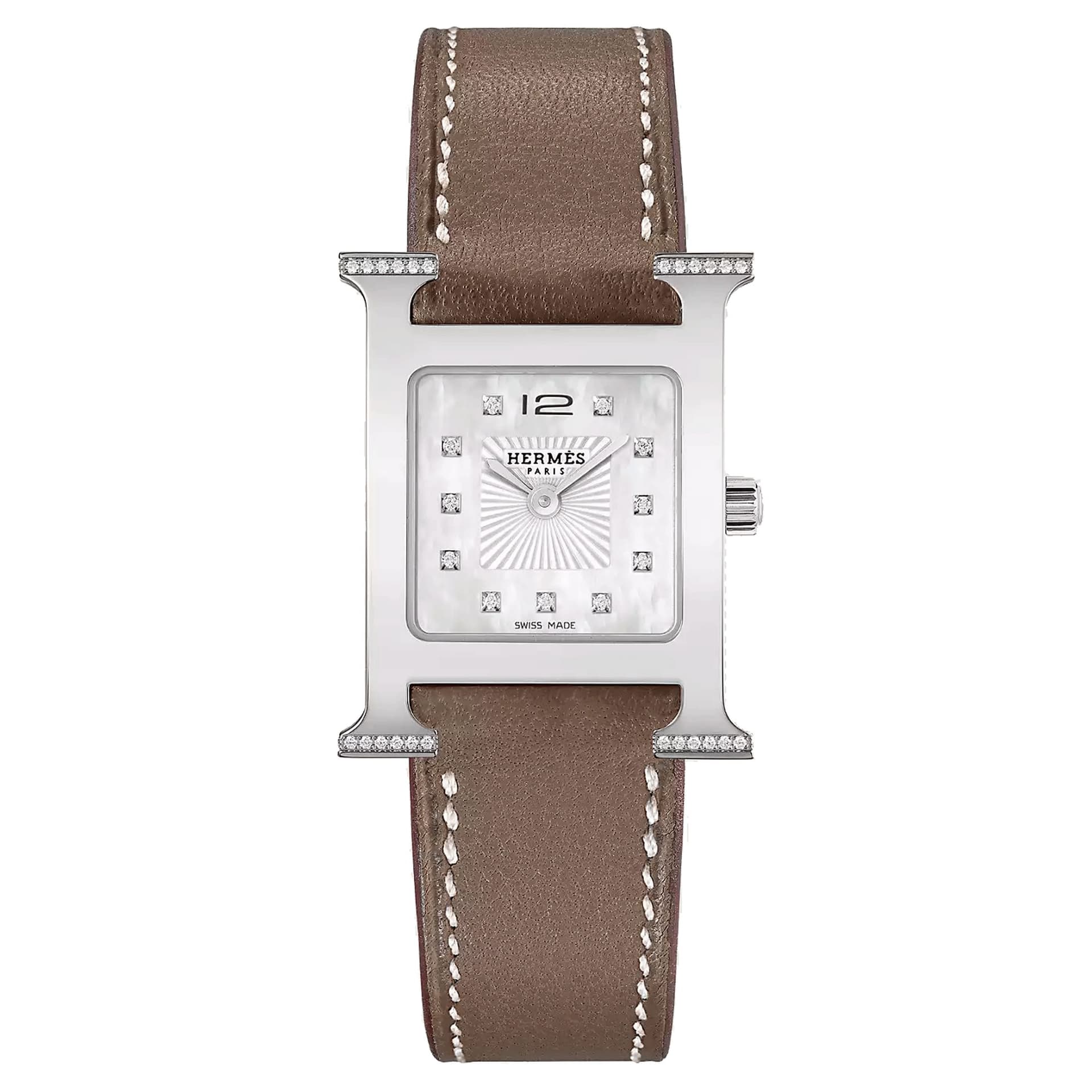 Hermès Montre HERMÈS Heure H Petit Modèle sertie quartz index diamants cadran nacre blanche bracelet cuir taupe 25 mm