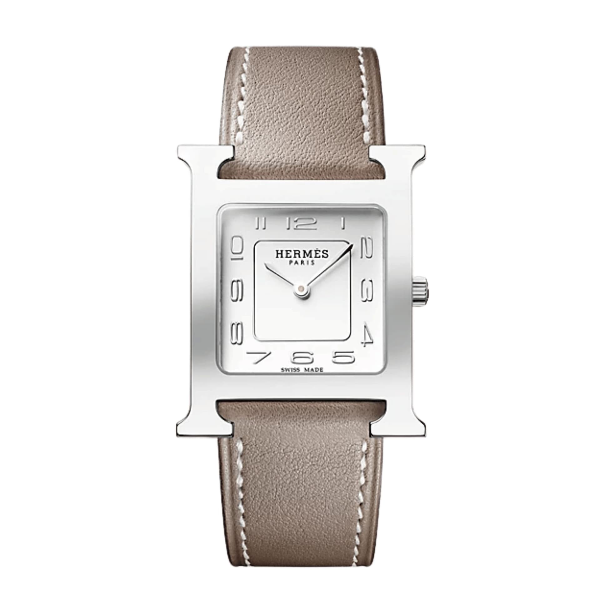 Hermès Montre HERMÈS Heure H Moyen Modèle quartz cadran argenté bracelet cuir étoupe 30 mm