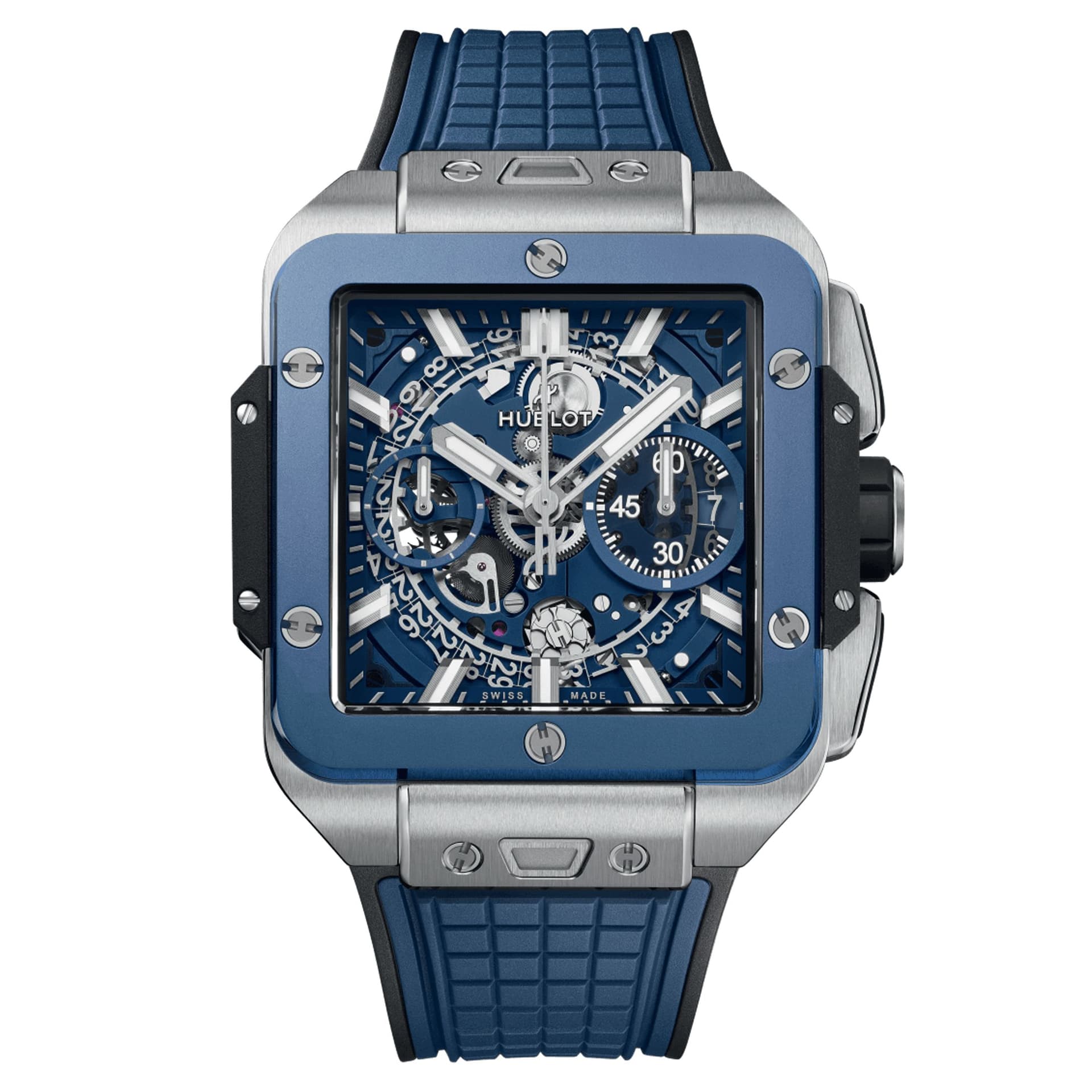Hublot Montre Hublot Square Bang Unico Titanium Blue Ceramic automatique lunette céramique cadran squelette bracelet caoutchouc bleu 42 mm