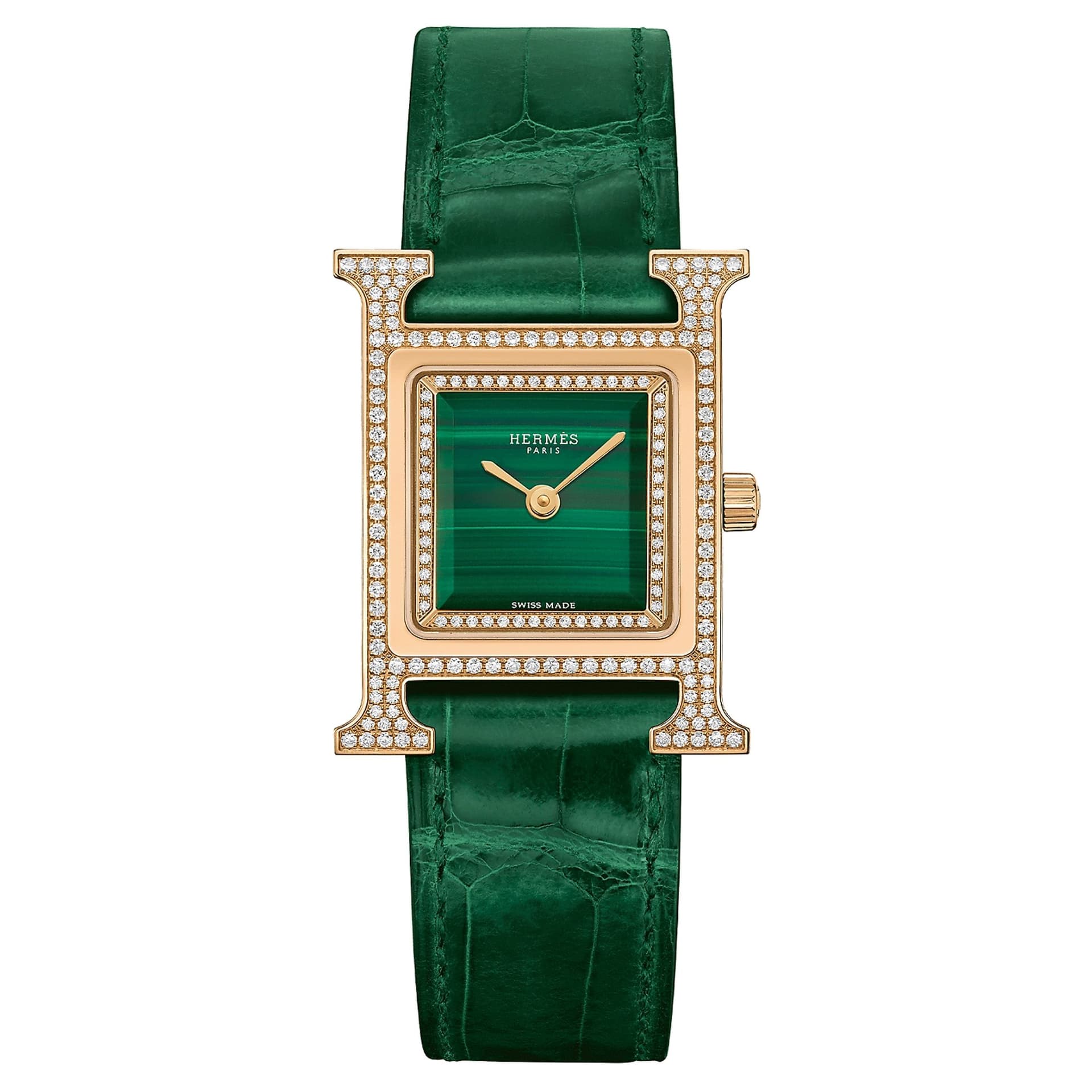 Hermès Montre HERMÈS Heure H Petit Modèle sertie quartz cadran malachite bracelet cuir vert 25 mm