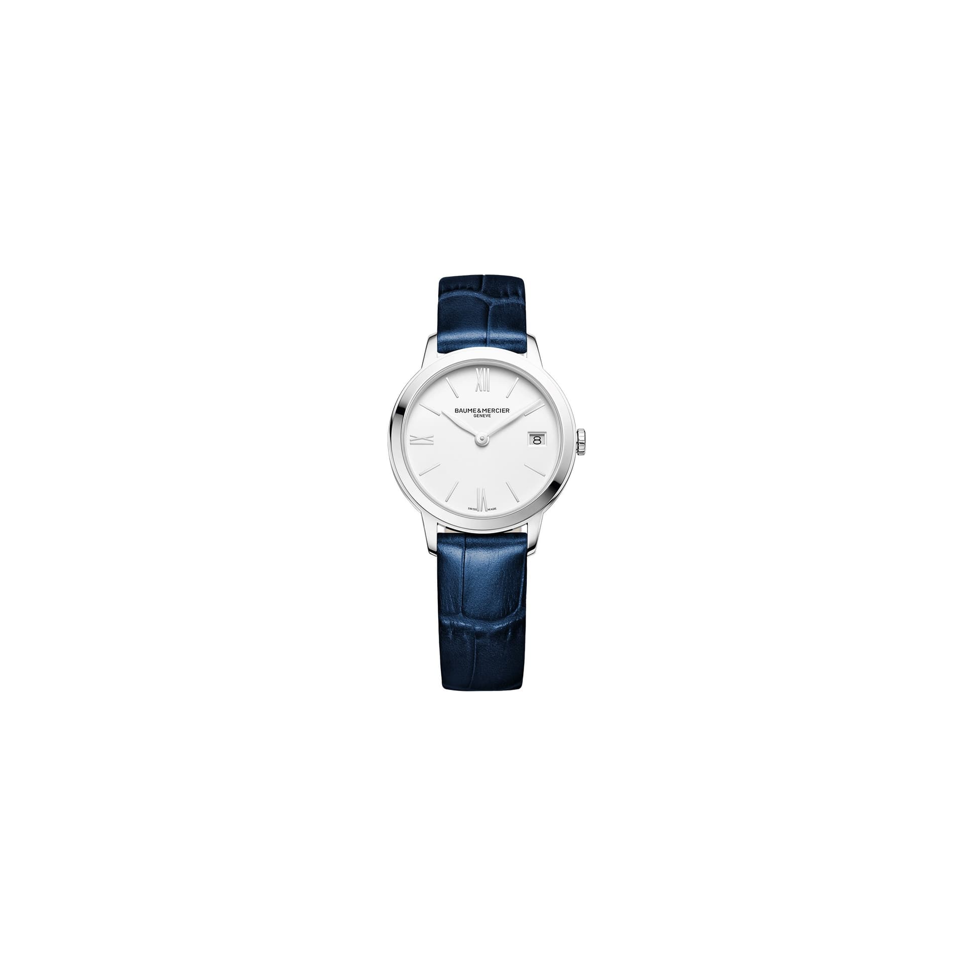 Baume & Mercier Montre Baume et Mercier Classima quartz cadran blanc bracelet cuir veau bleu 31 mm