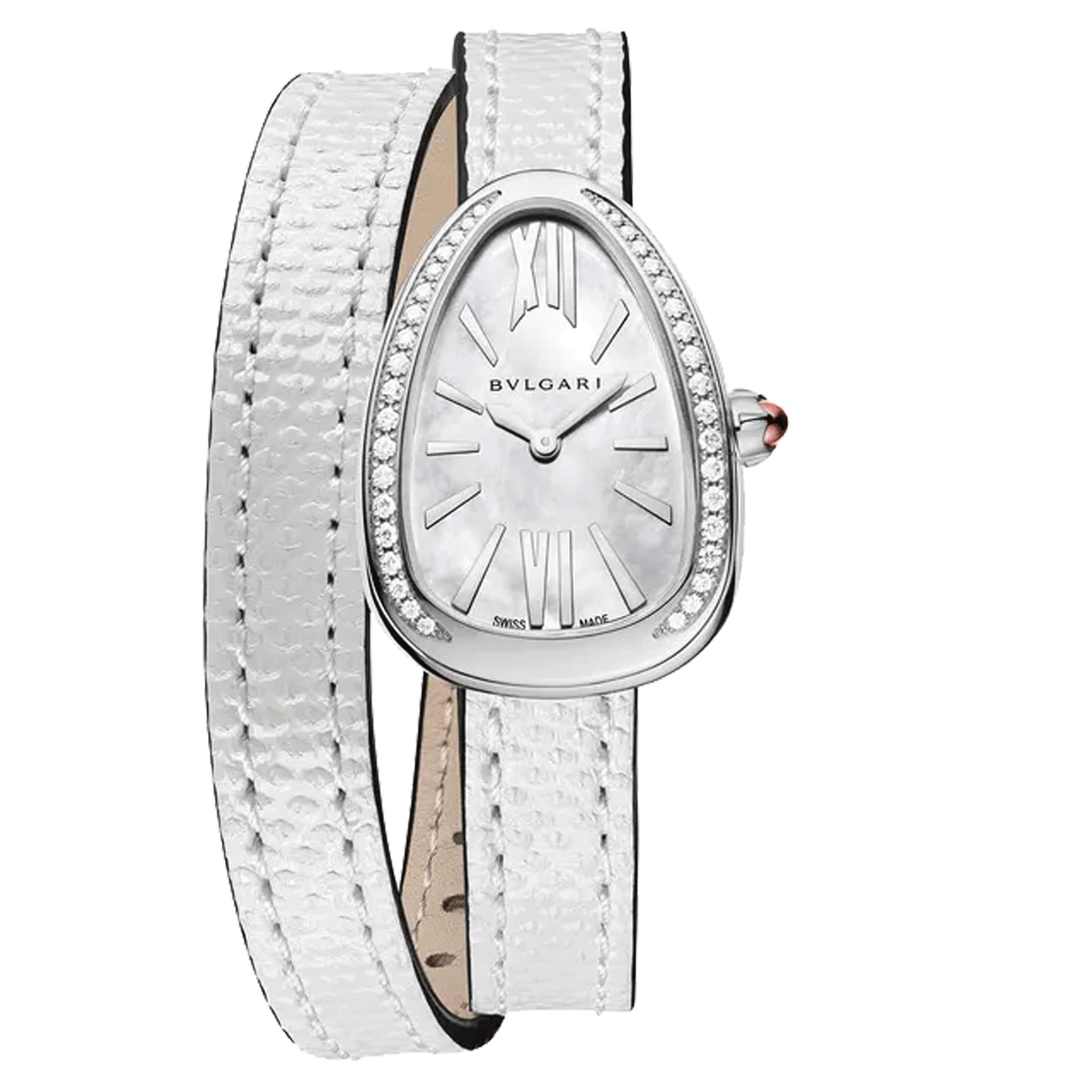 Bulgari Montre Bulgari Serpenti quartz lunette sertie cadran nacre blanche bracelet cuir argent 27 mm