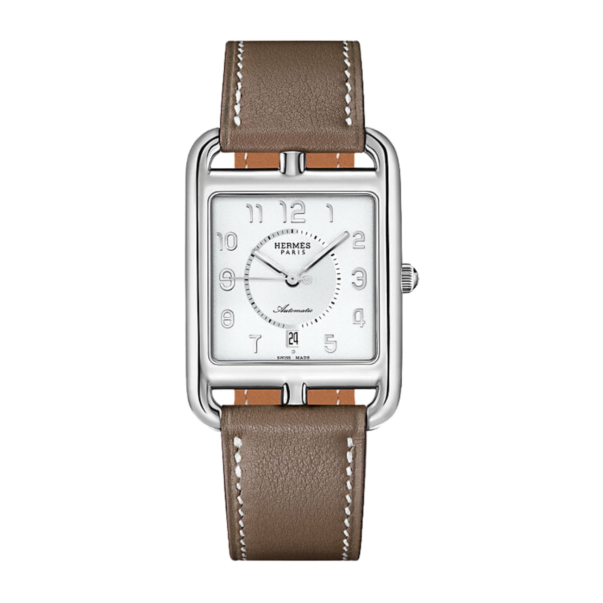 Hermès Montre HERMÈS Cape Cod Grand Modèle automatique cadran blanc bracelet cuir taupe 37 mm