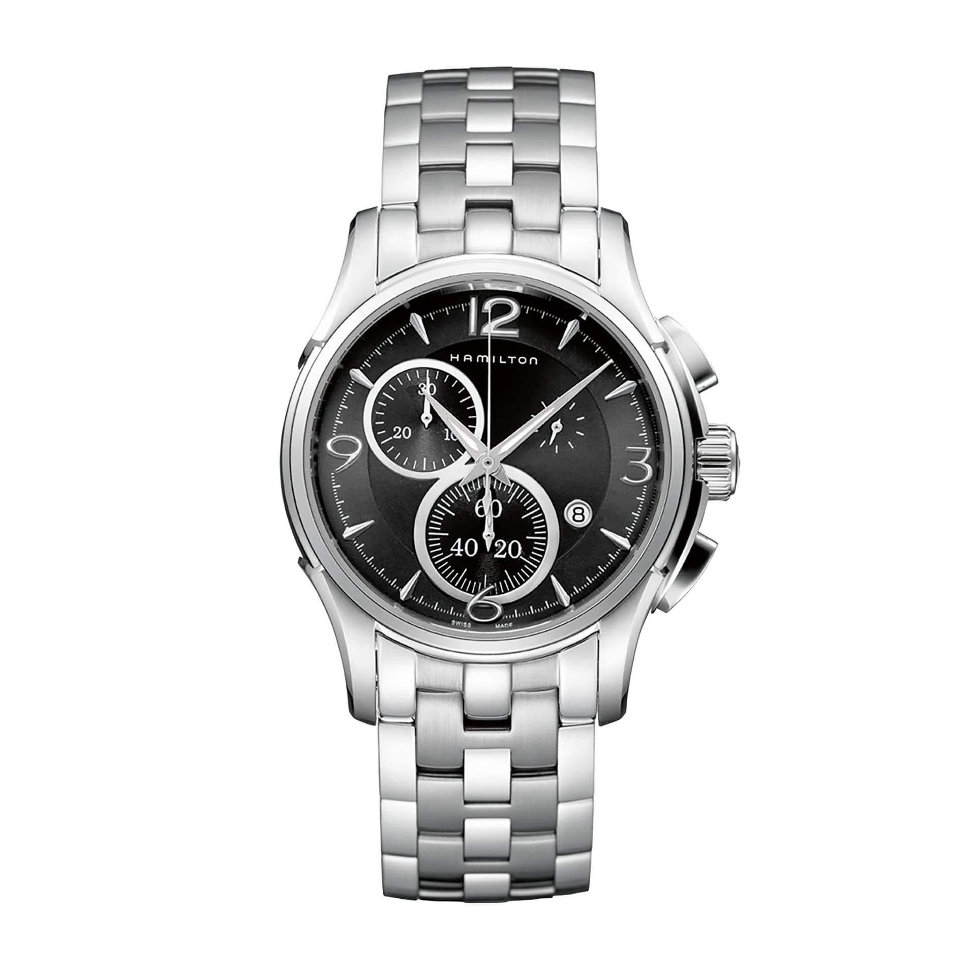 Hamilton Montre Hamilton Jazzmaster Chrono quartz cadran noir et argenté bracelet acier 42 mm