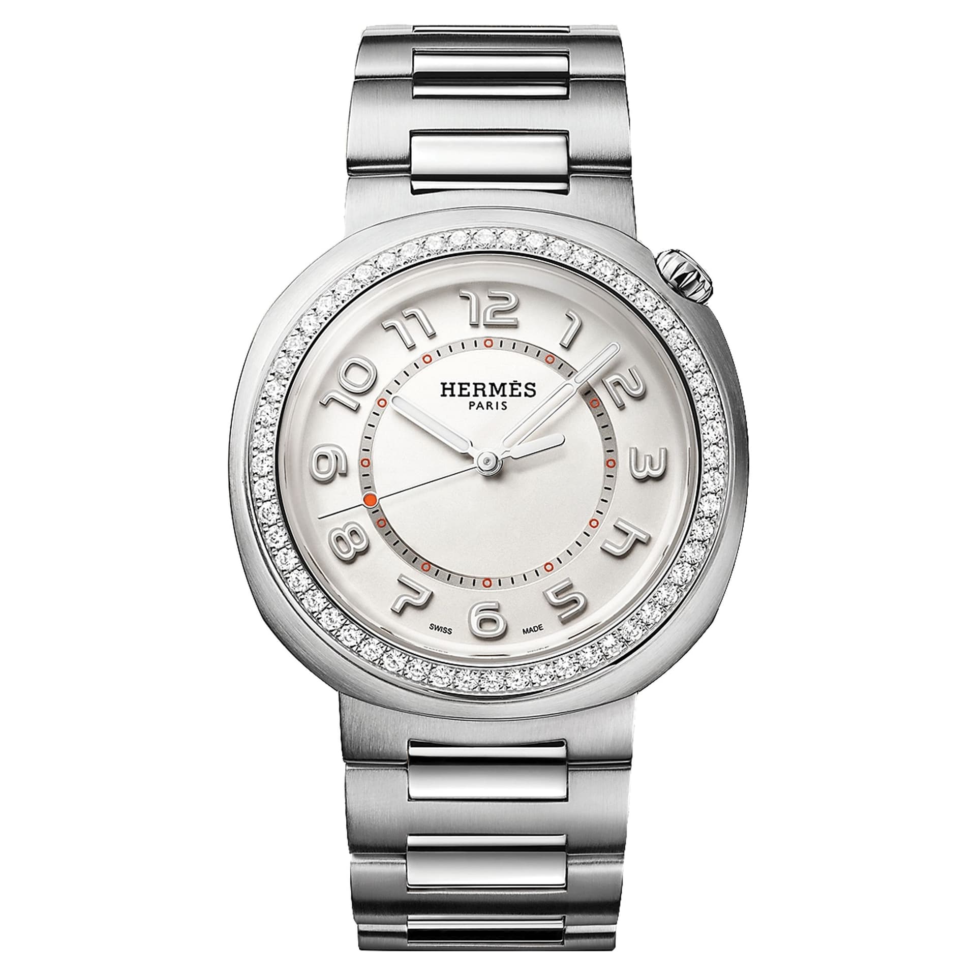 Hermès Montre HERMÈS Cut Grand Modèle automatique lunette sertie cadran argenté bracelet acier 36 mm