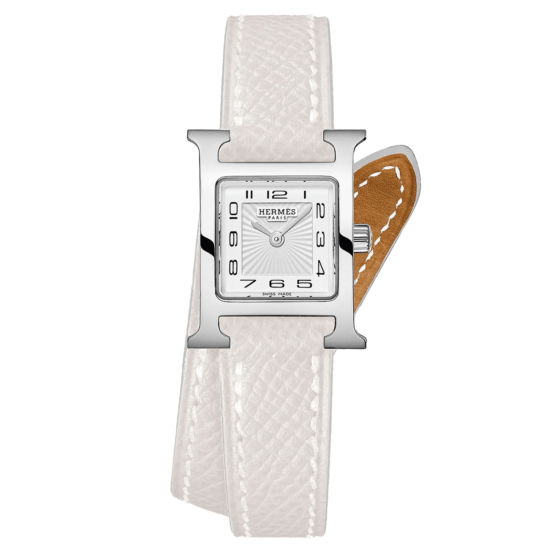 Hermès Montre HERMÈS Heure H Mini Modèle quartz cadran blanc bracelet double tour cuir blanc 21 mm