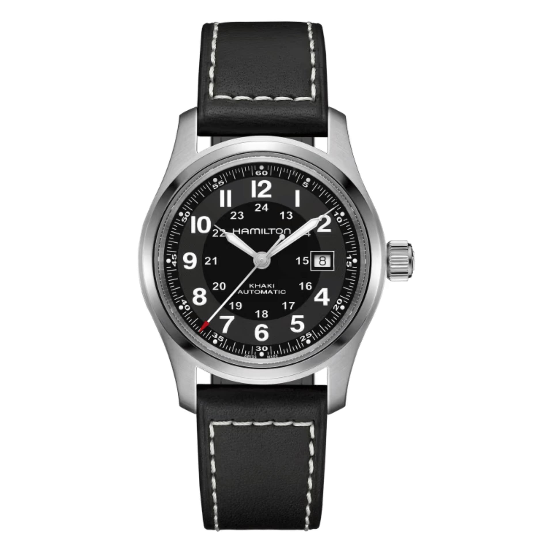Hamilton Montre Hamilton Khaki Field automatique cadran noir bracelet cuir noir 42 mm