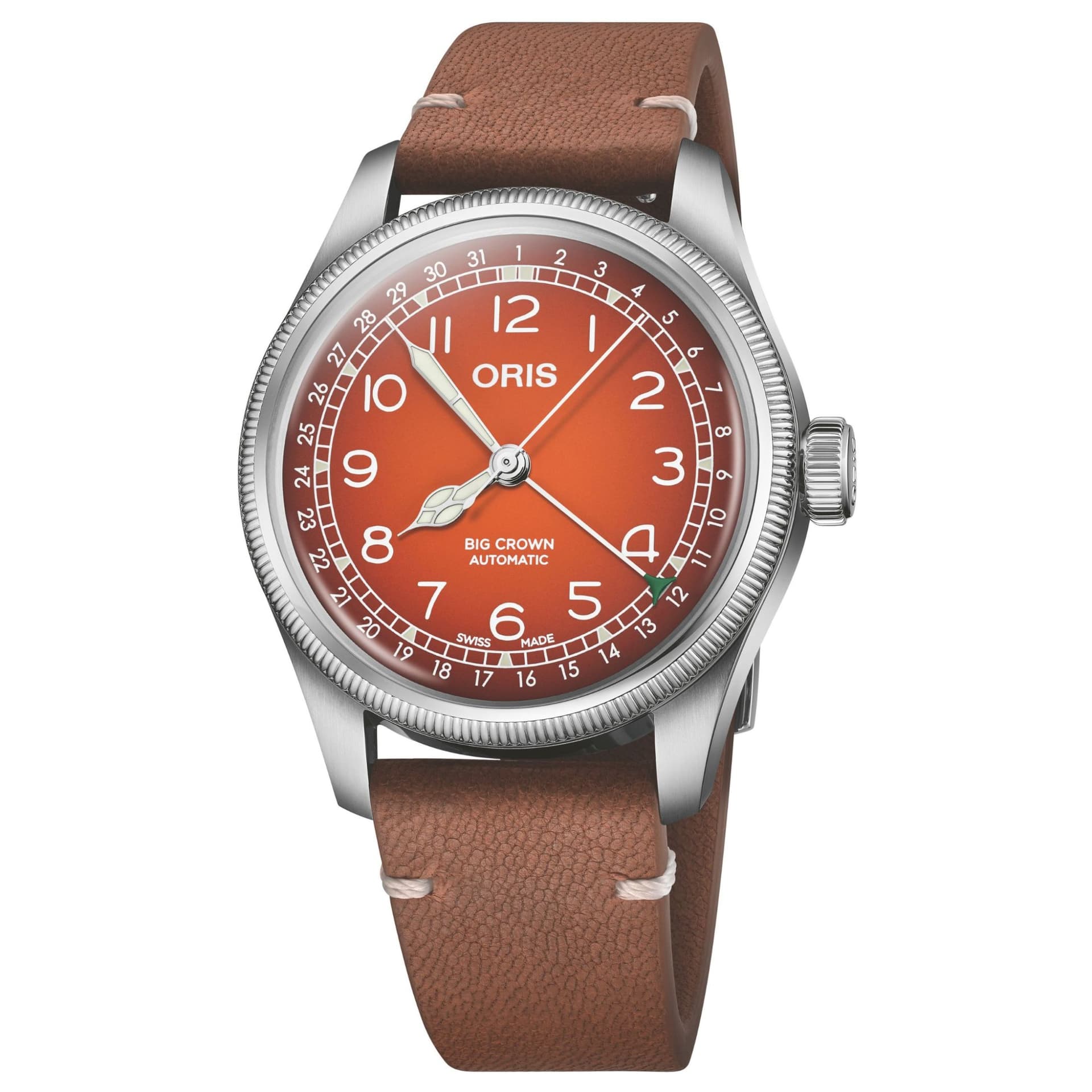 Oris Montre Oris X Cervo Volante Big Crown Pointer Date automatique cadran orange bracelet cuir 40 mm