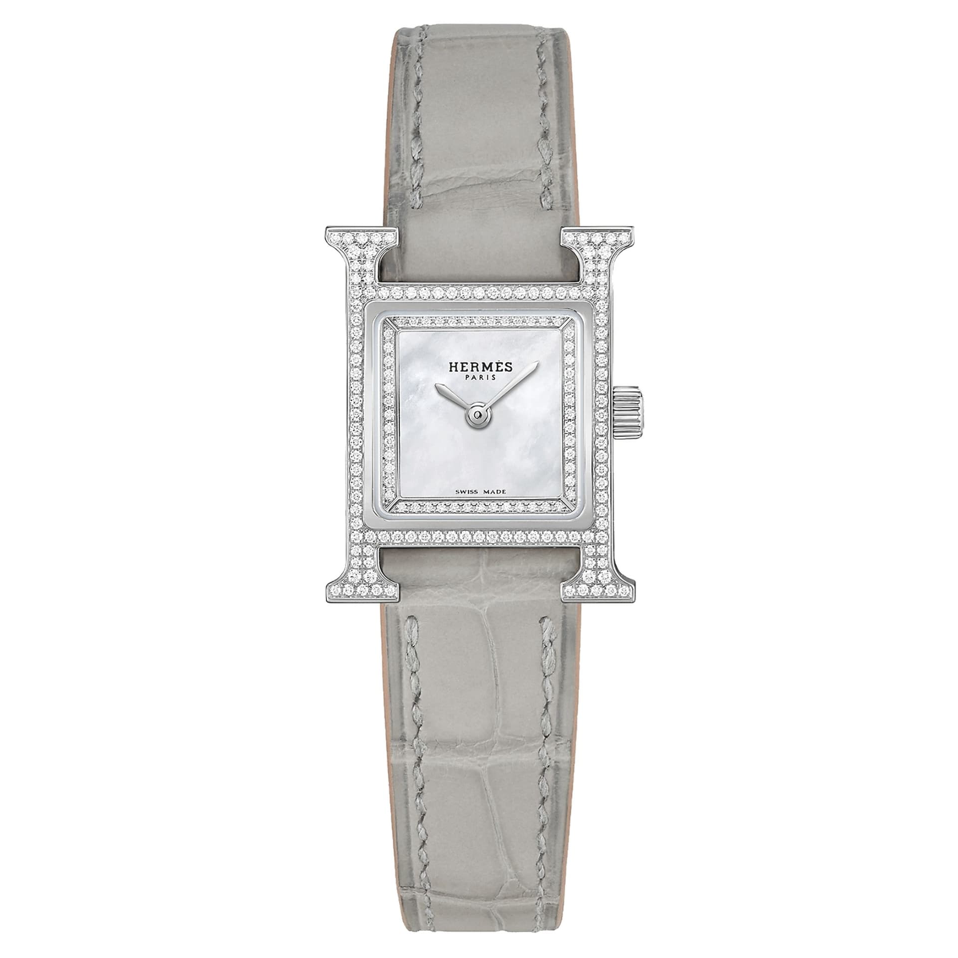 Hermès Montre HERMÈS Heure H Mini Modèle sertie quartz cadran nacre blanche bracelet cuir gris 21 mm