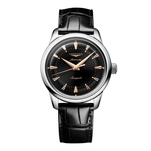 Longines Montre Longines Conquest heritage 38 mm Automatique Cadran Noir laqué poli Bracelet Cuir d'alligator