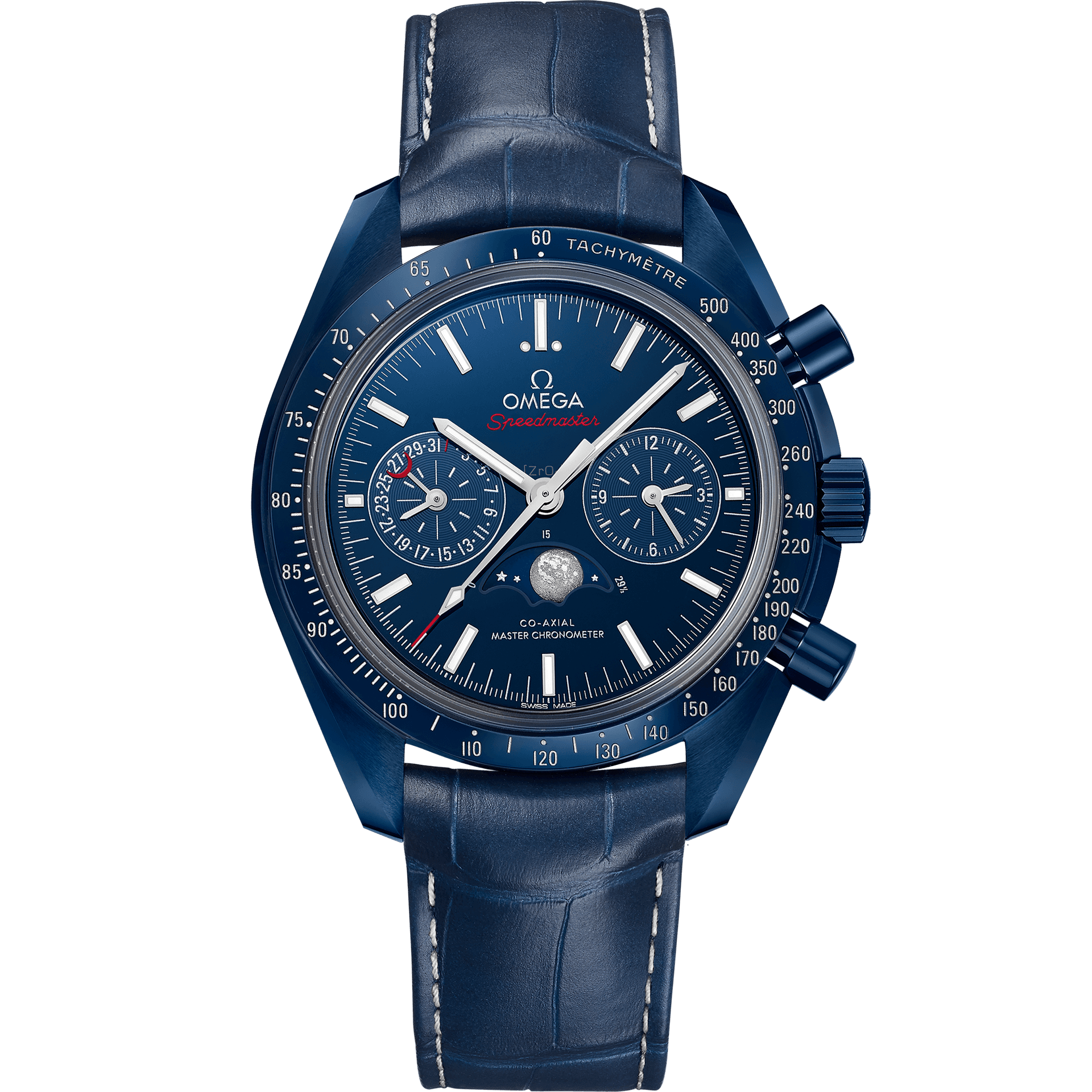 Omega Speedmaster 44,25 mm, céramique bleue sur bracelet en cuir
