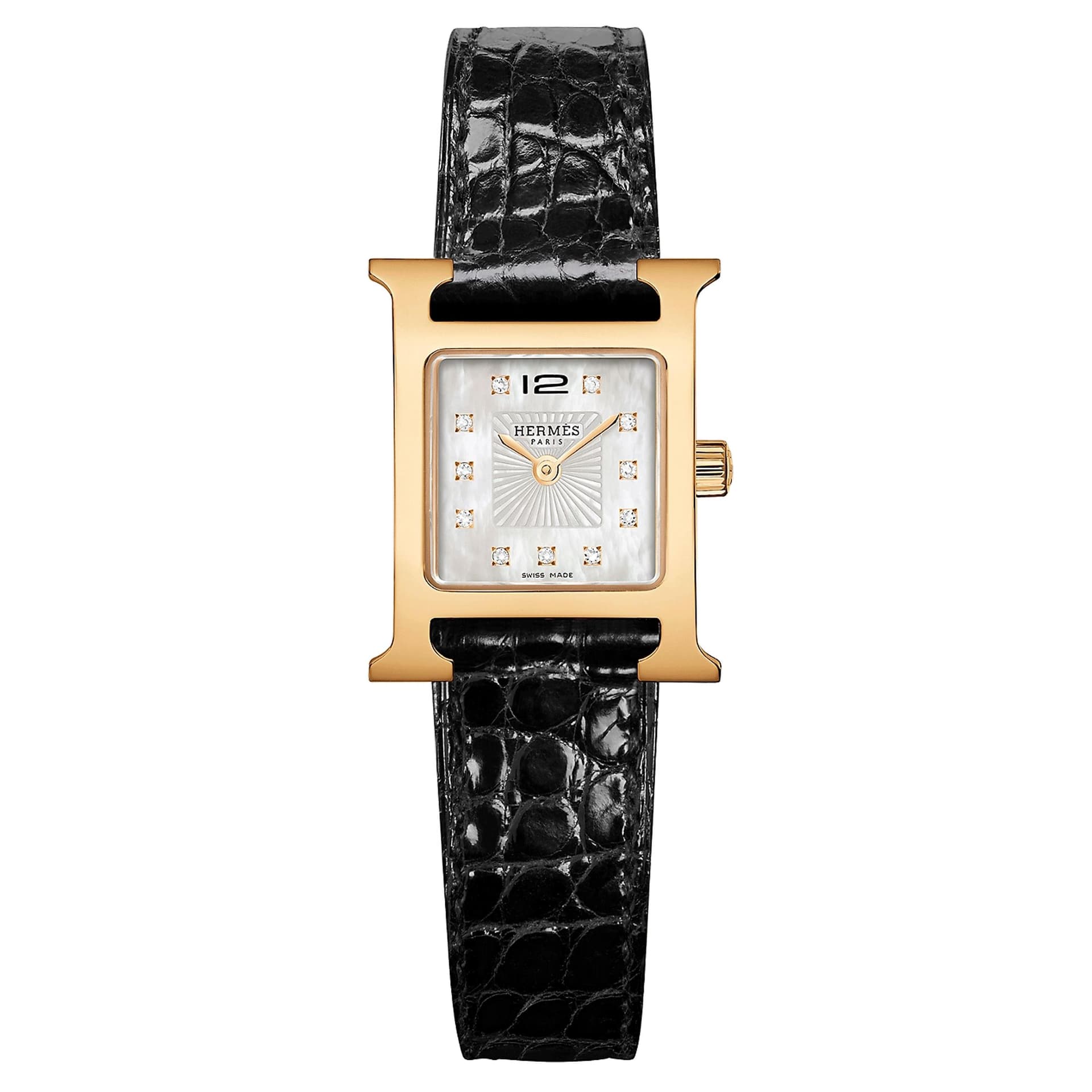 Hermès Montre HERMÈS Heure H Mini Modèle quartz index diamants cadran nacre blanche bracelet cuir croco noir 21 mm