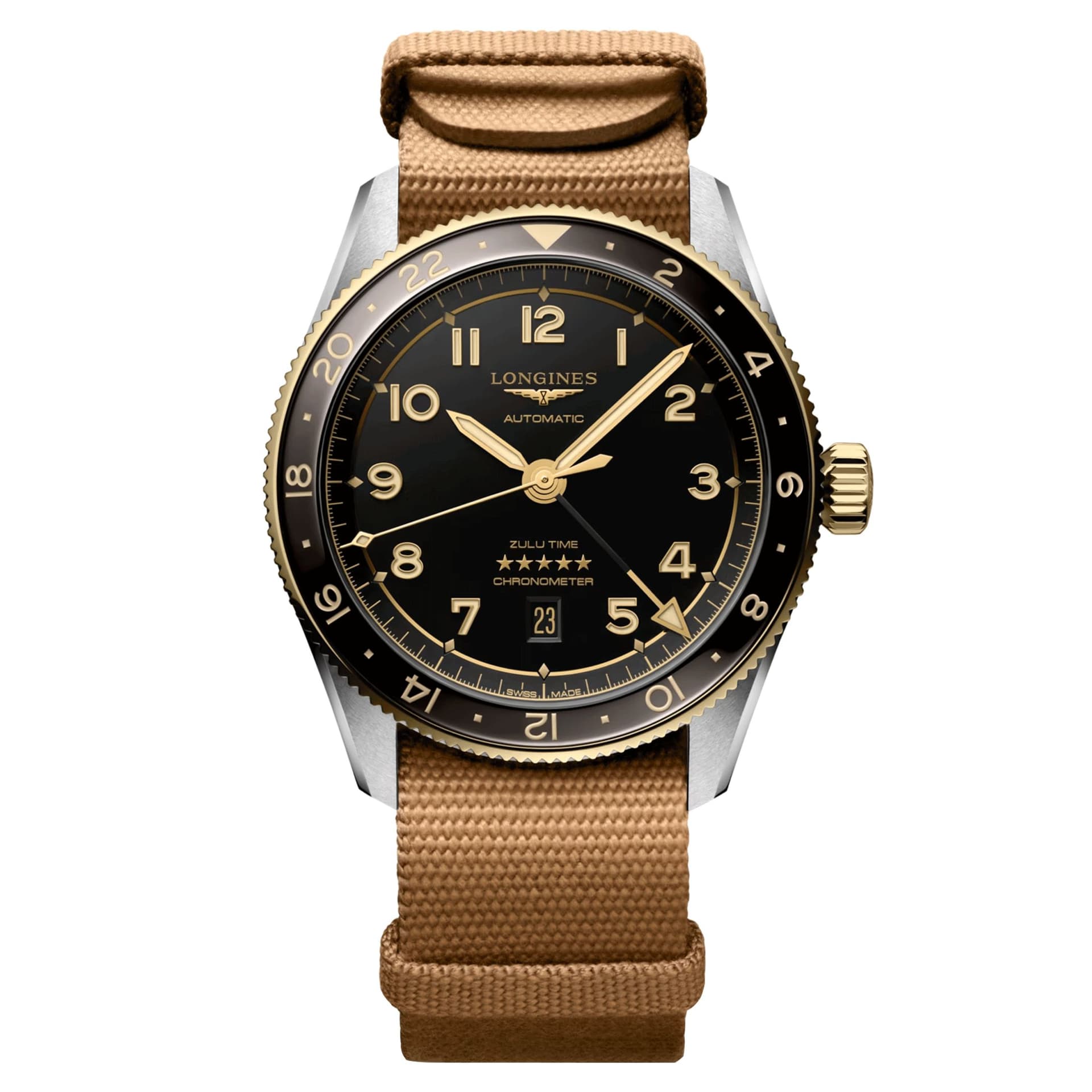 Longines Montre Longines Spirit Zulu Time Steel&amp;Gold automatique cadran noir bracelet NATO brun 42 mm