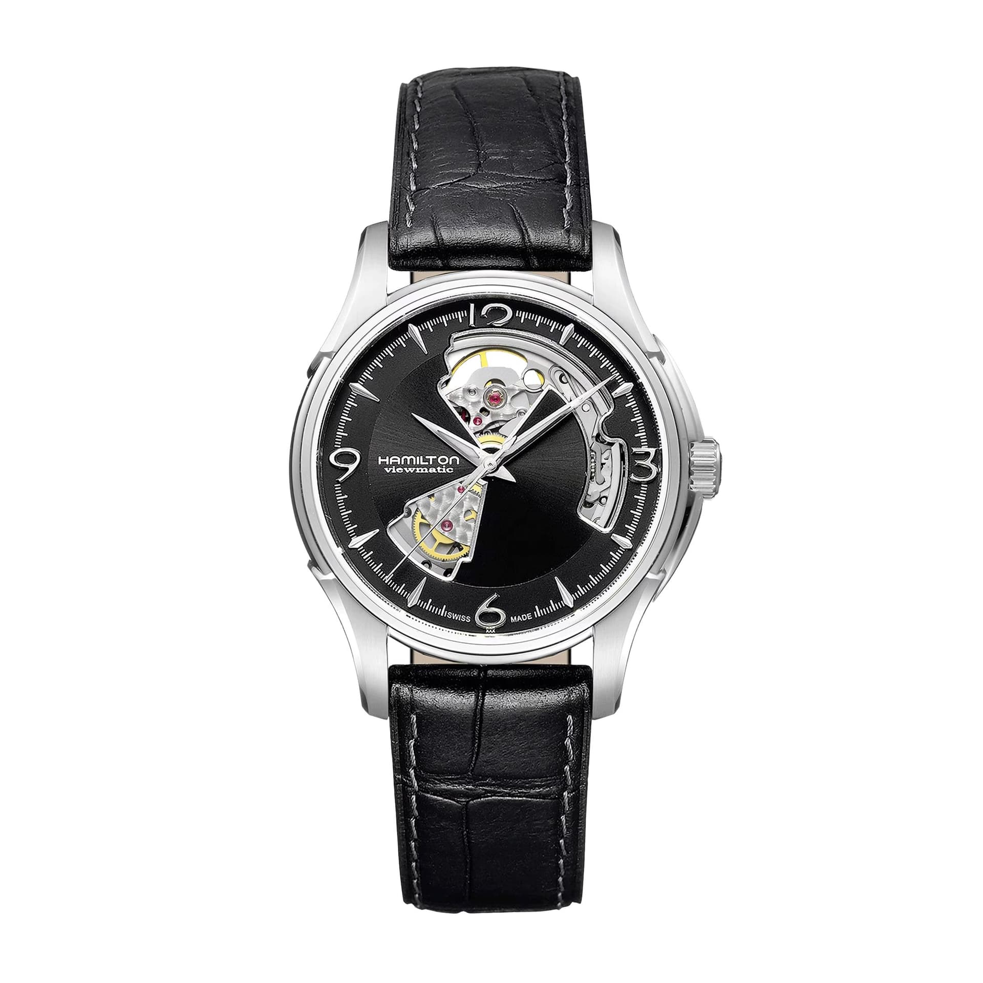 Hamilton Montre Hamilton Jazzmaster Open Heart automatique cadran noir bracelet cuir façon croco noir 40 mm