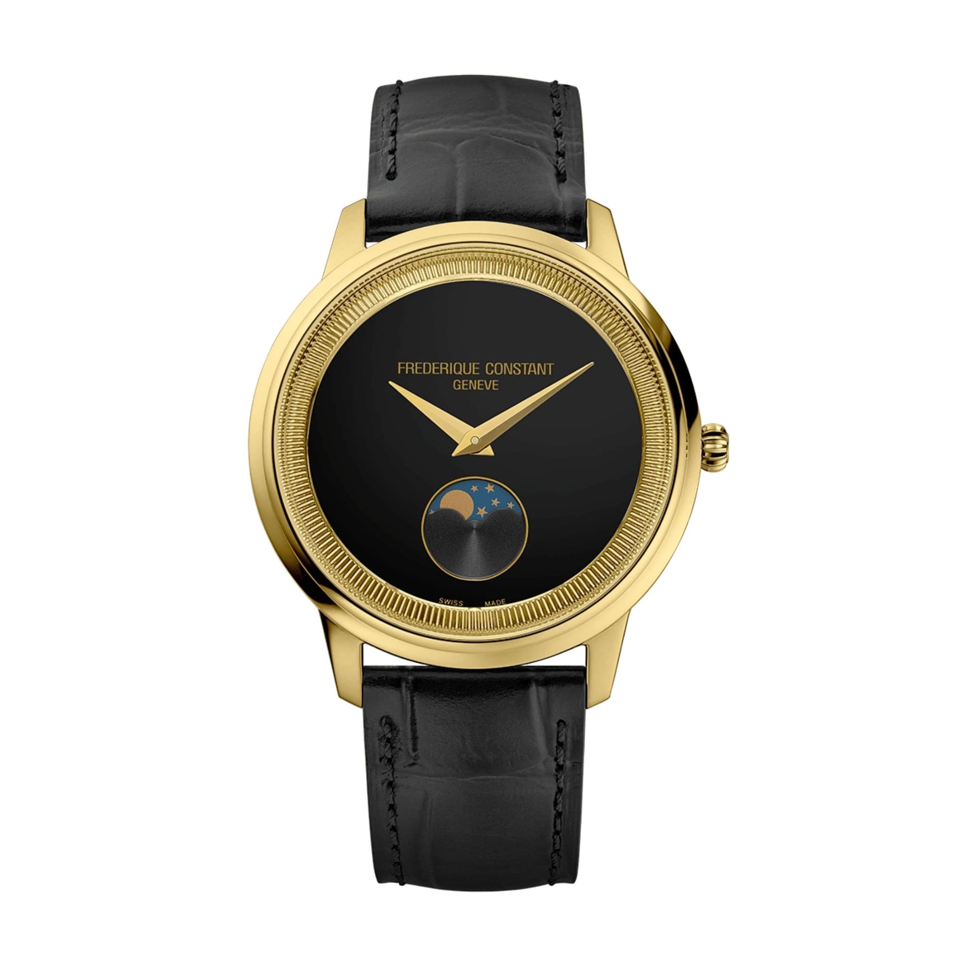 Frédérique Constant Montre Frédérique Constant Classics Moneta Moonphase PVD or jaune quartz cadran noir bracelet cuir 37 mm