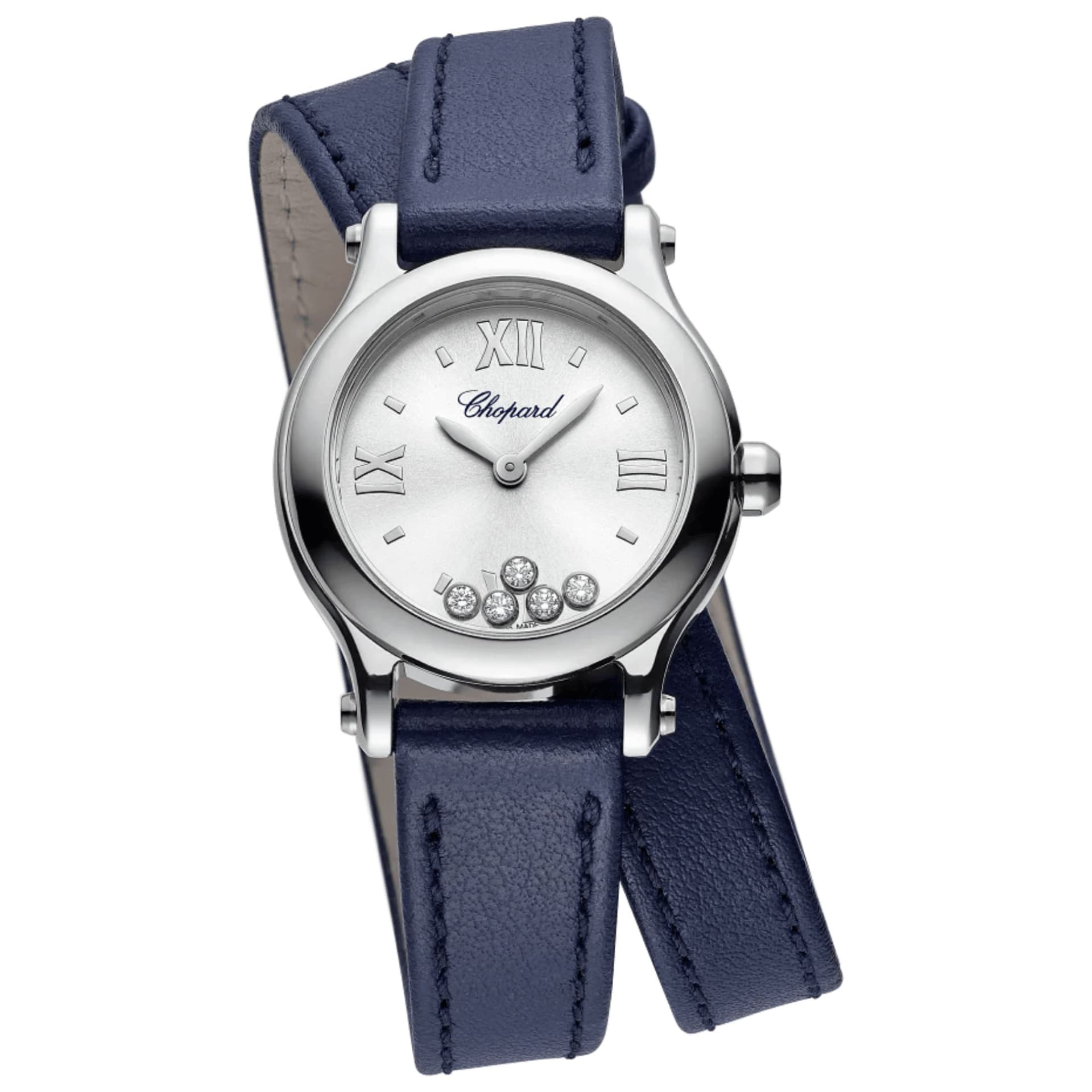 Chopard Montre Chopard Happy Sport quartz cadran argent bracelet cuir bleu 25 mm