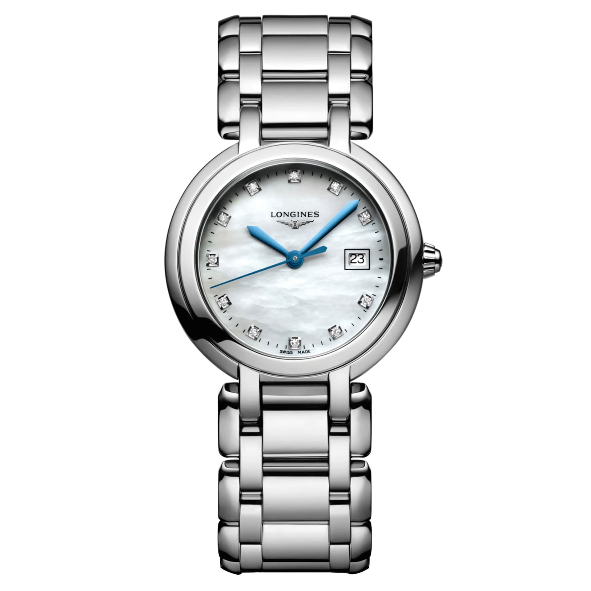 Longines Montre Longines PrimaLuna quartz index diamants cadran nacre blanche bracelet acier 30 mm