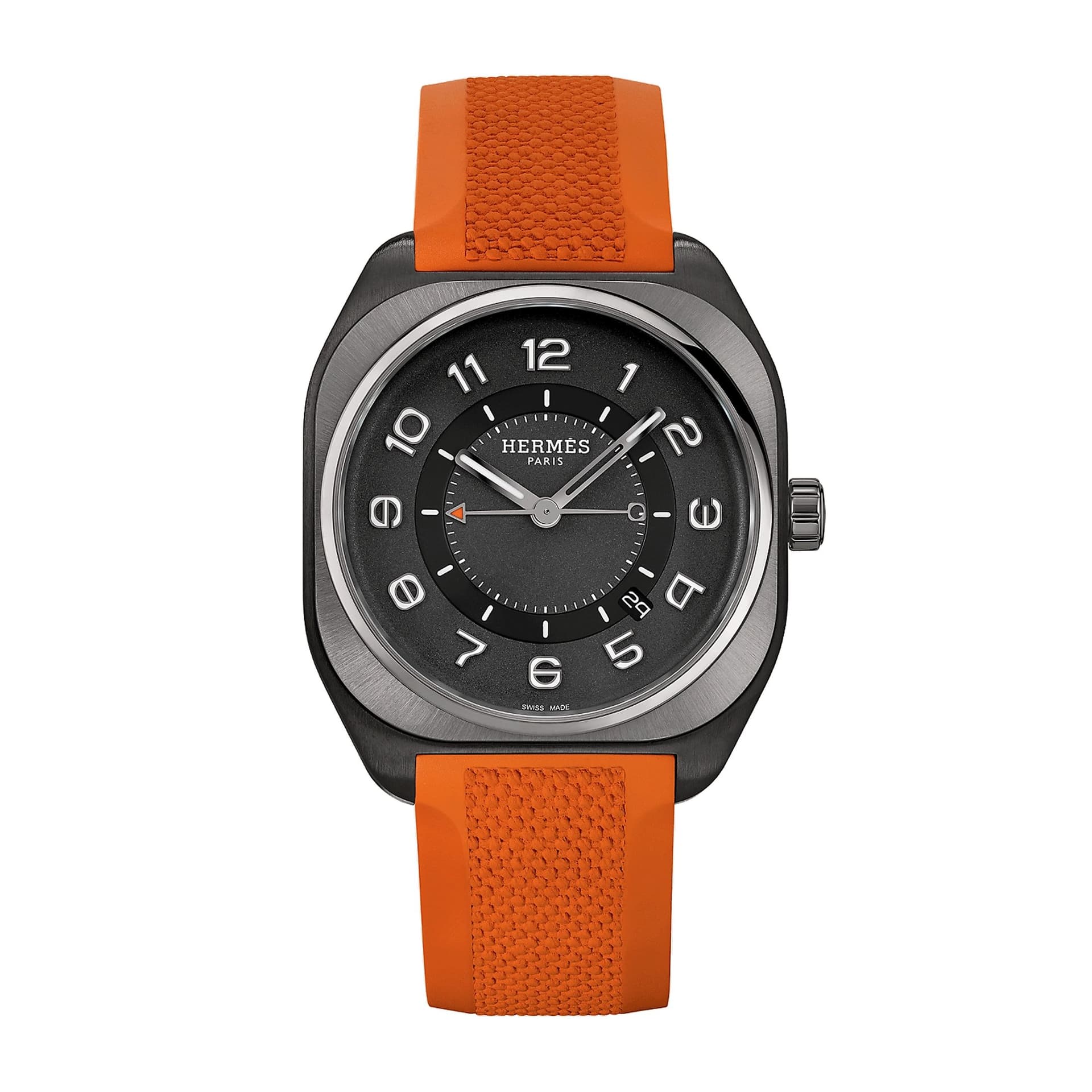 Hermès Montre Hermès H08 DLC noir automatique cadran noir bracelet caoutchouc orange 42 mm