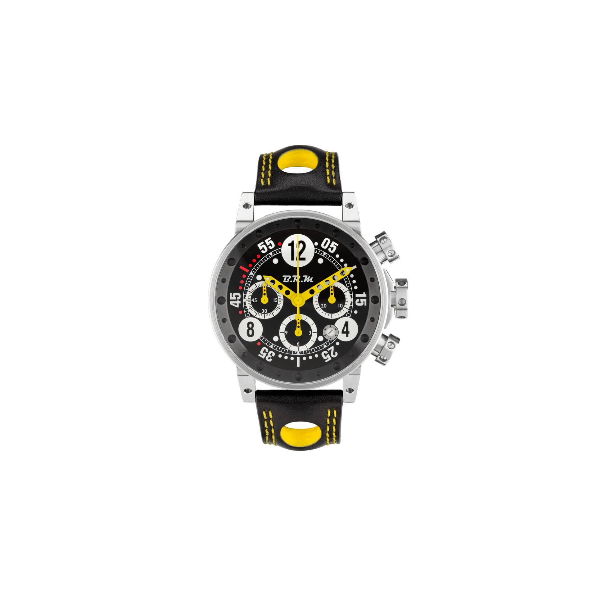 BRM Montre BRM V12 automatique inox cadran noir aiguilles jaunes bracelet cuir 44 mm