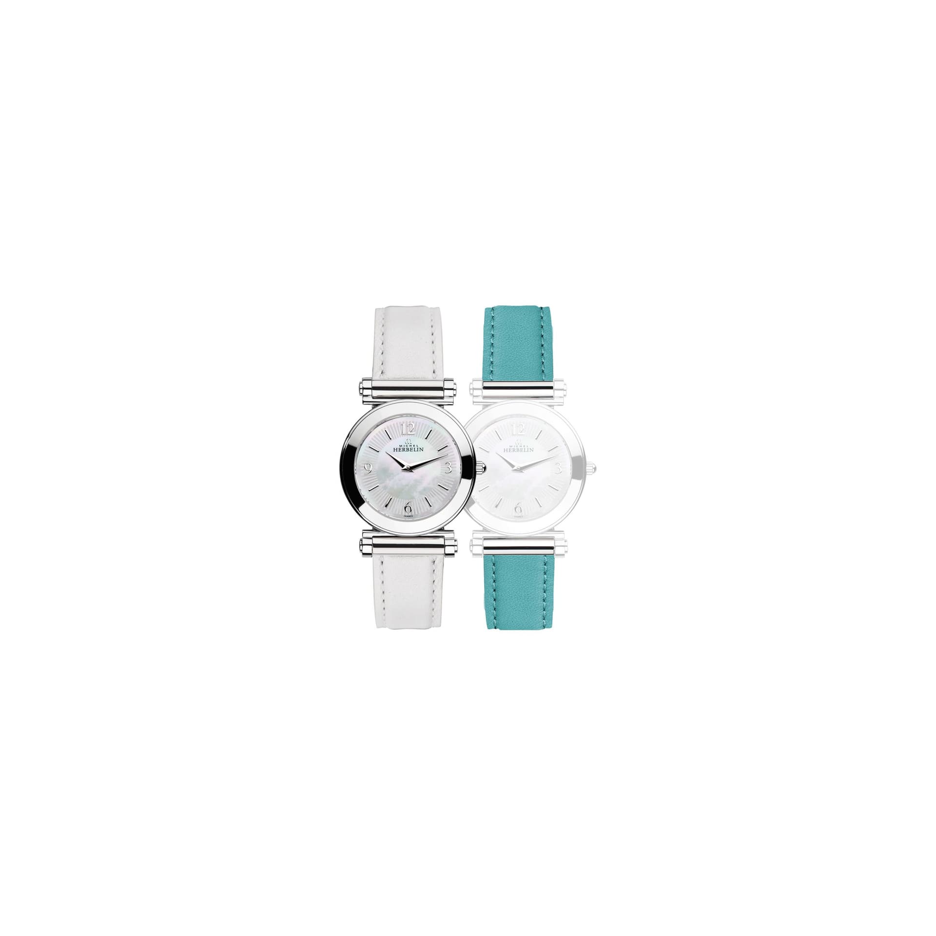 Michel Herbelin Montre Michel Herbelin Coffret Antarès quartz cadran nacre bracelets cuir blanc et turquoise 29 mm