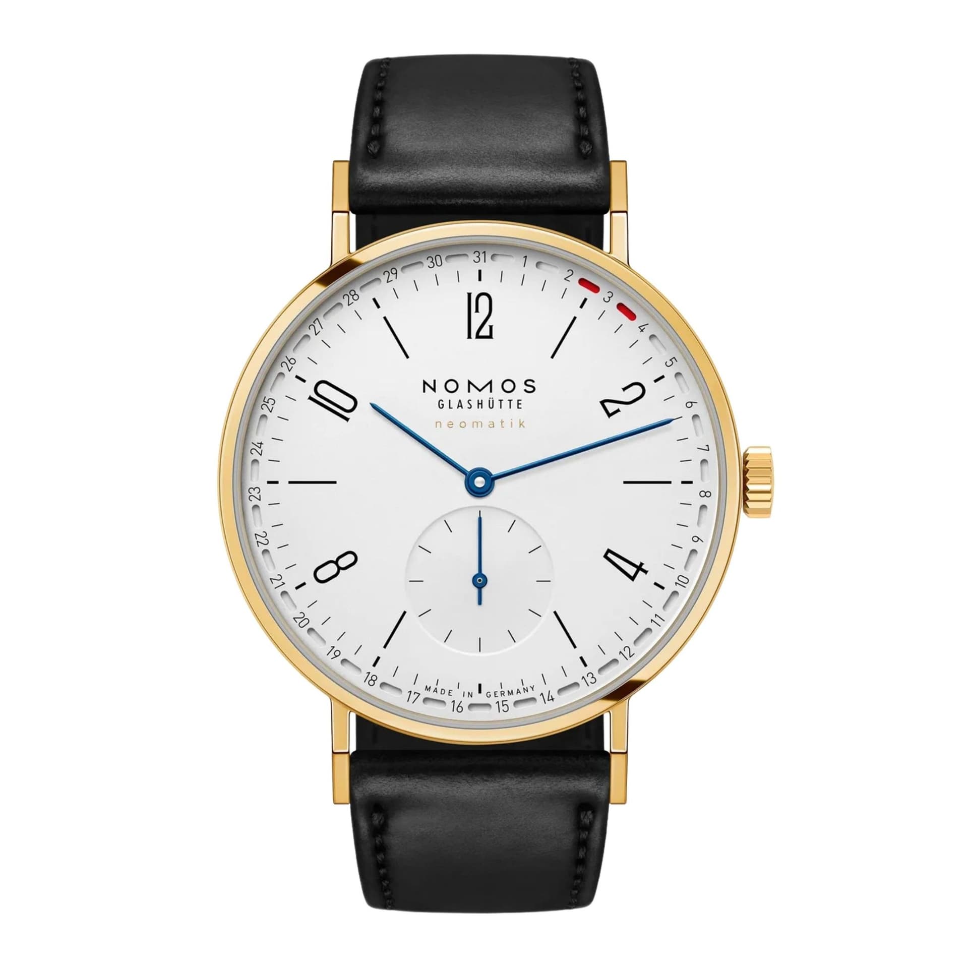 Nomos Montre Nomos Tangente Neomatik 38 Update automatique Gold fond saphir cadran argent bracelet cuir noir 38,5 mm