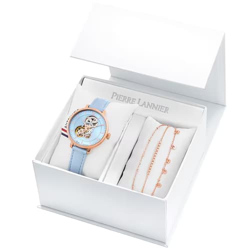 Pierre Lannier Coffret PIERRE LANNIER Montre Femme Etanche en Cuir Bleu et Bracelet