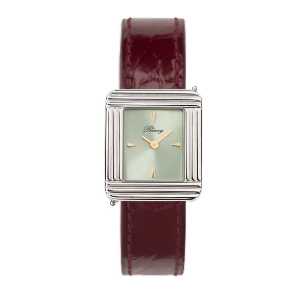 Poiray Montre Poiray Ma Première Acier Cadran Vert Bracelet Alligator Bordeaux