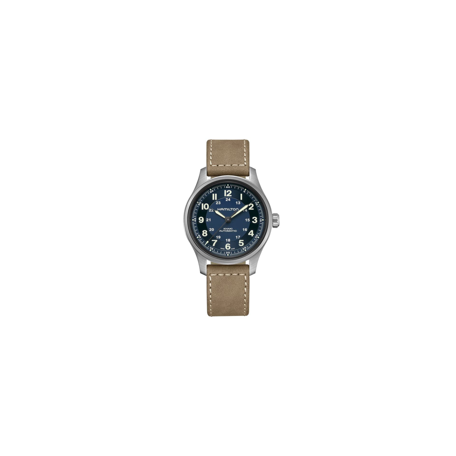 Hamilton Montre Hamilton Khaki Field Titanium automatique cadran bleu bracelet cuir taupe 42 mm