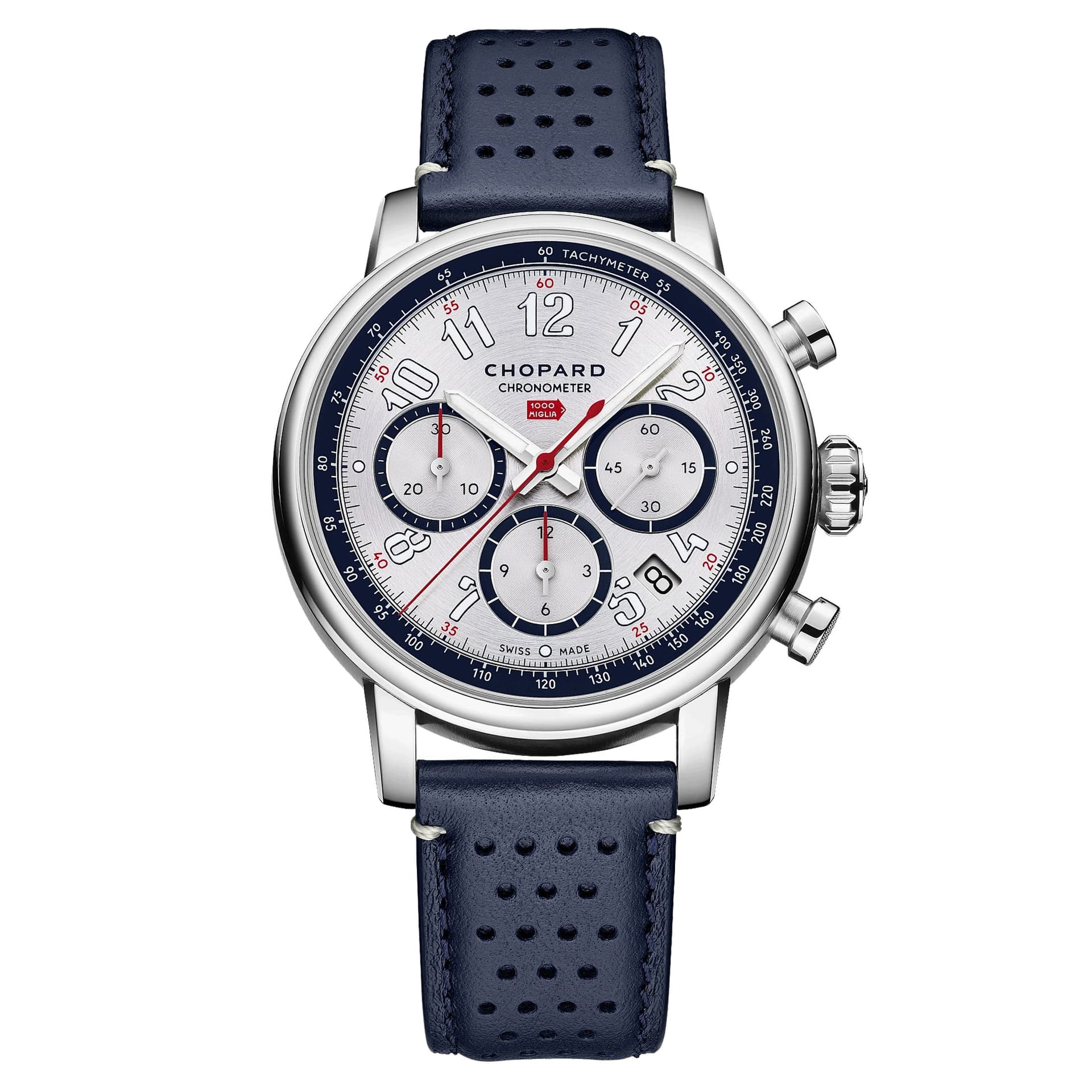 Chopard Montre Chopard Mille Miglia Classic Chronographe Edition France automatique cadran argent bracelet cuir bleu 40,5 mm