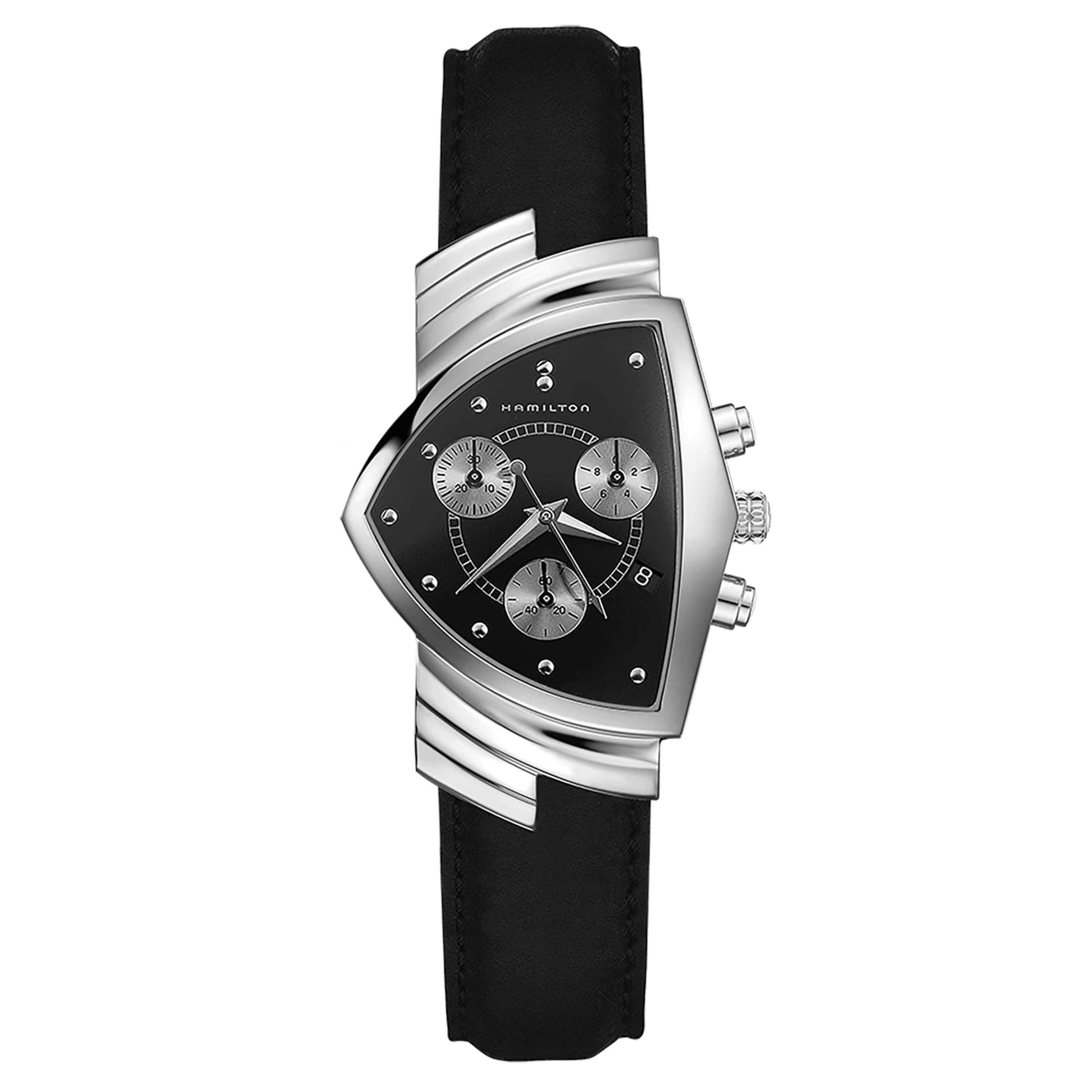 Hamilton Montre Hamilton Ventura Chrono quartz cadran noir bracelet cuir noir 32,3 x 50,3 mm
