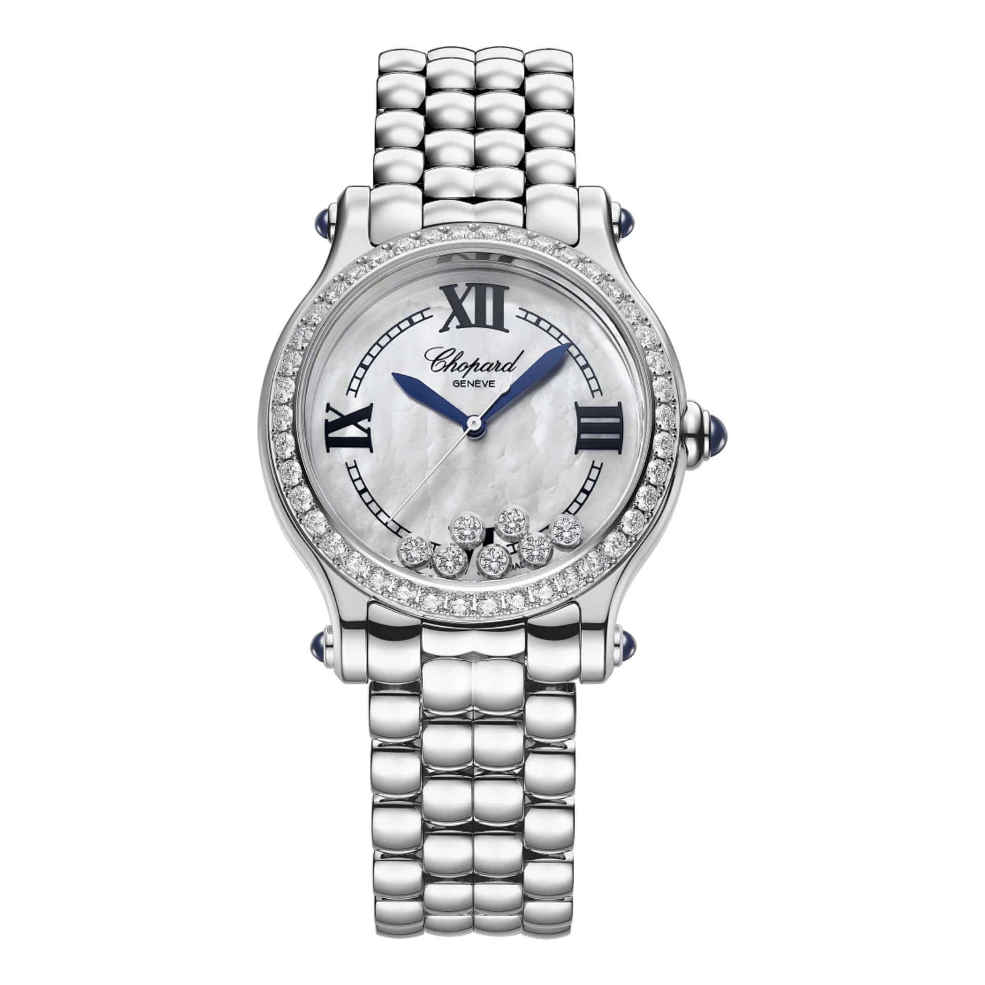 Chopard Montre Chopard Happy Sport the First automatique lunette sertie cadran nacre blanche bracelet acier 33 mm