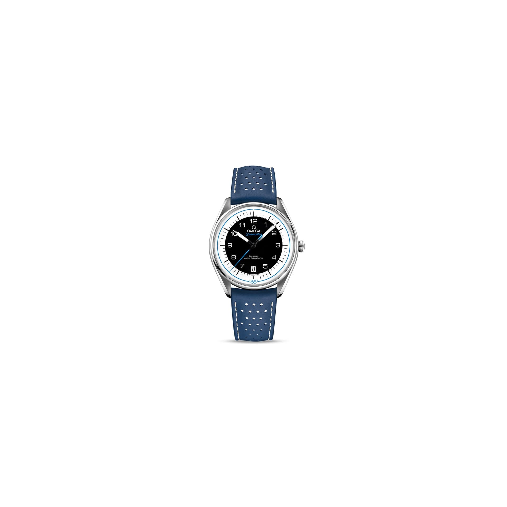 Omega Montre Omega Seamaster Jeux Olympiques cadran blanc bracelet cuir bleu Edition limitée 2032 ex. 39,5 mm