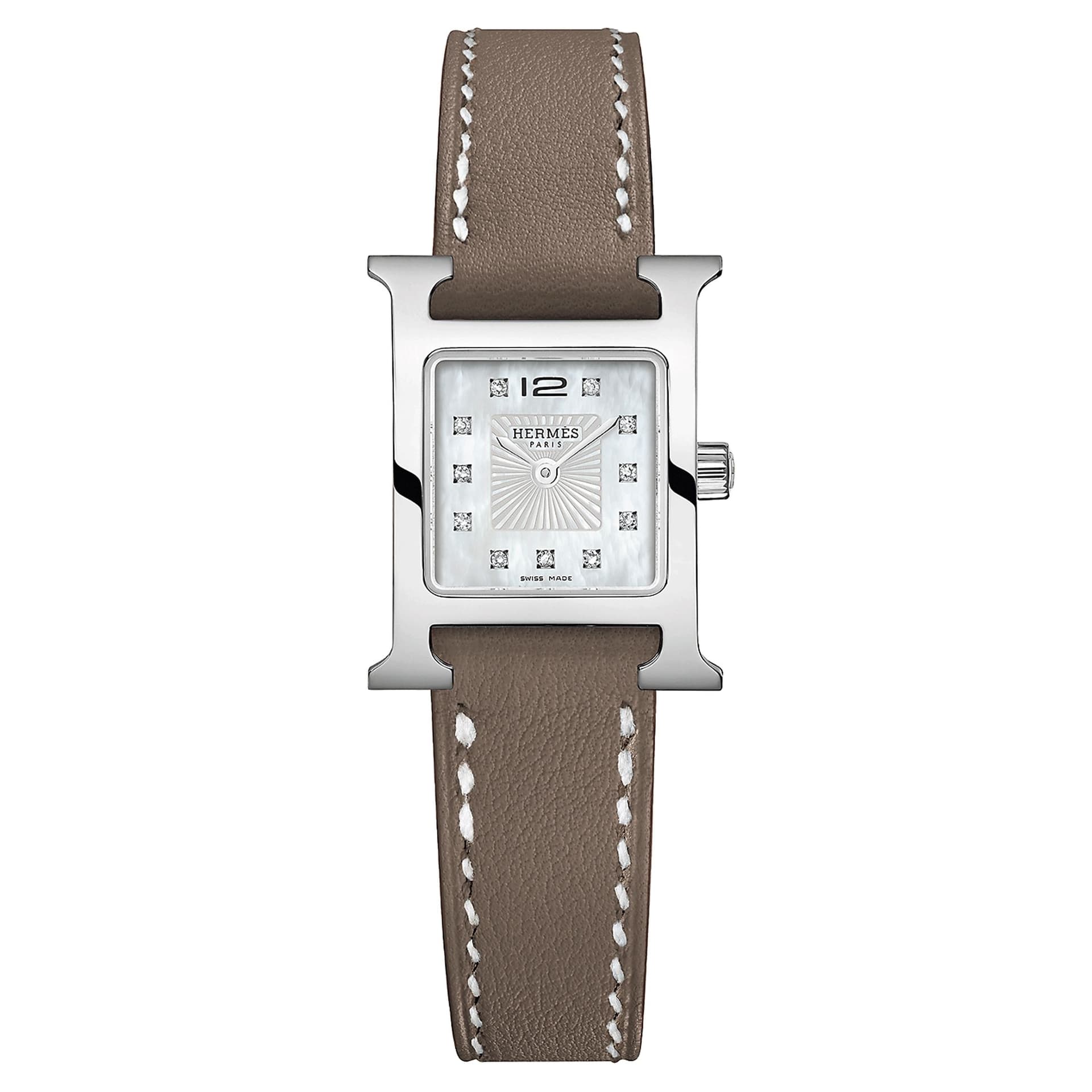 Hermès Montre HERMÈS Heure H Mini Modèle quartz index diamants cadran nacre blanche bracelet cuir taupe 21 mm