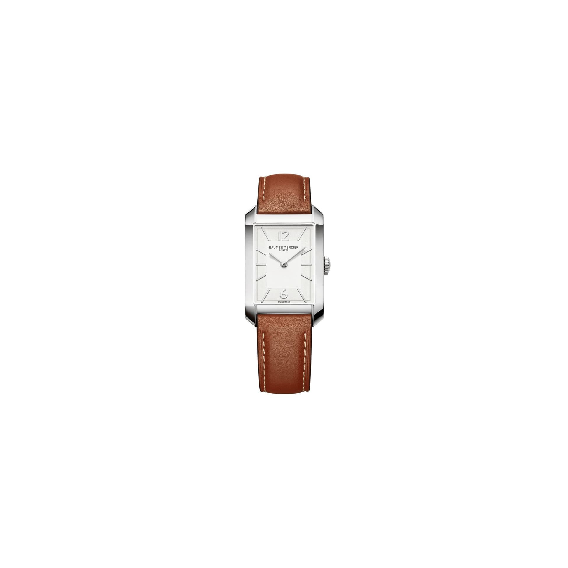 Baume & Mercier Montre Baume et Mercier Hampton quartz cadran blanc bracelet cuir marron 43 x 27,5 mm