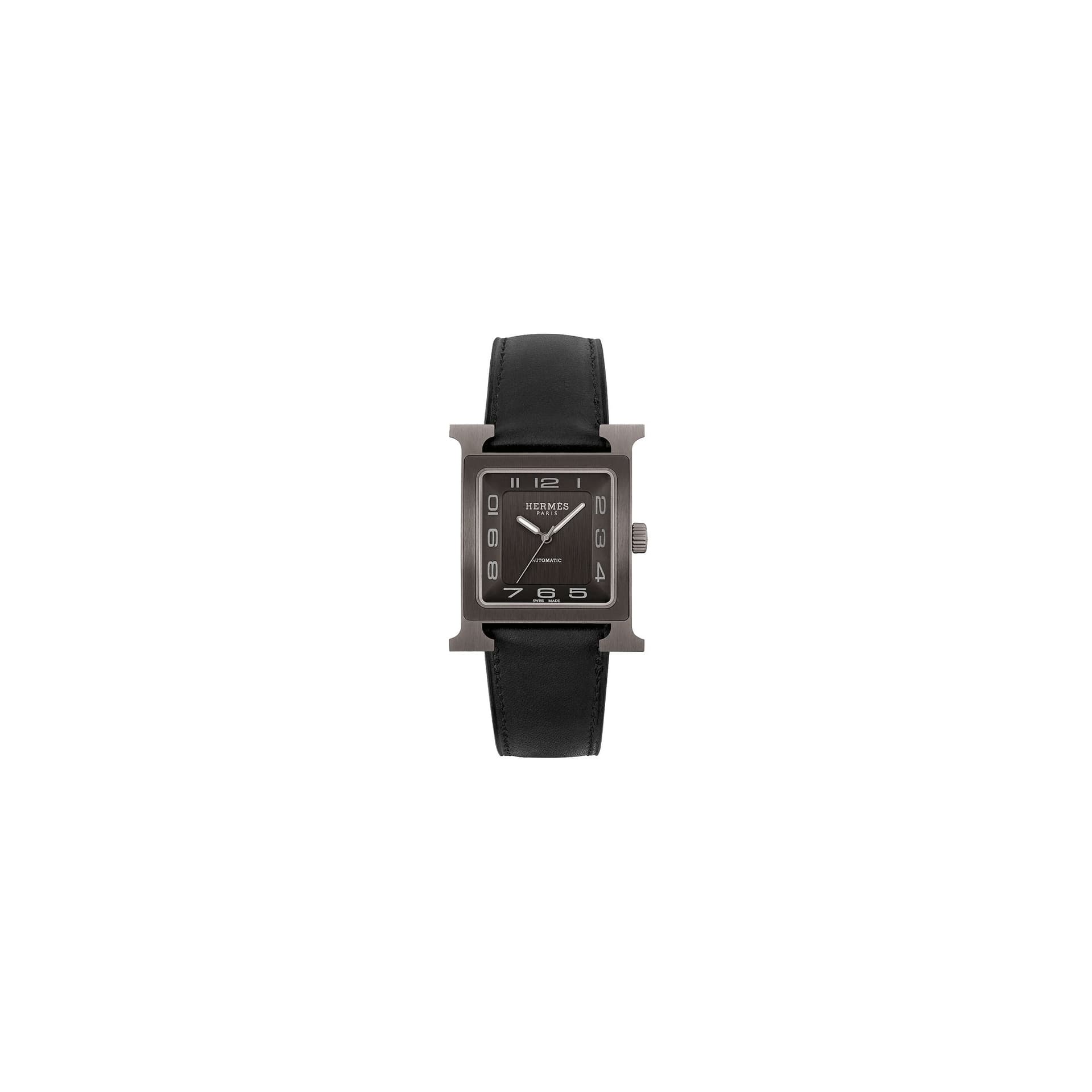 Hermès Montre HERMÈS Heure H Titane automatique cadran noir bracelet cuir noir 34 mm