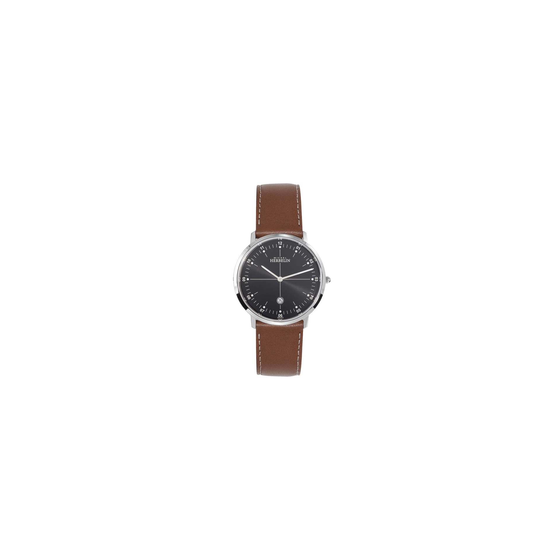 Michel Herbelin Montre Michel Herbelin City quartz cadran noir bracelet cuir brun 38,7 mm