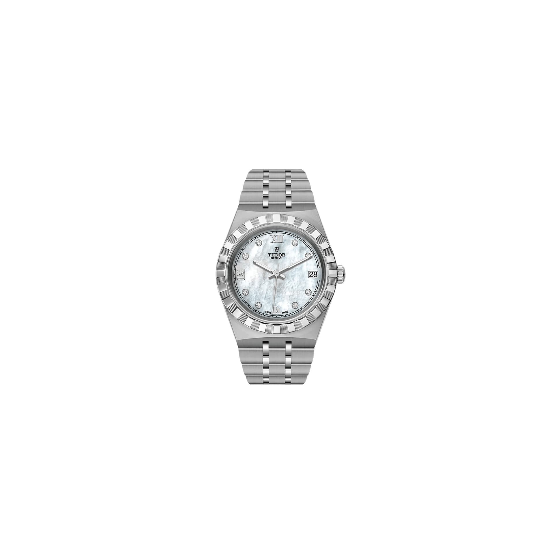 Tudor Montre Tudor Royal automatique index diamants cadran nacre blanche bracelet acier 34 mm