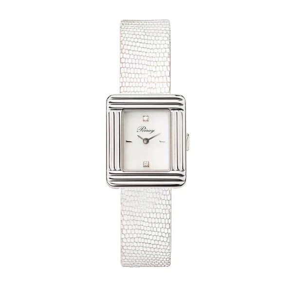 Poiray Montre Poiray Ma Première Mini Acier Cadran Serti Bracelet Chèvre Blanc