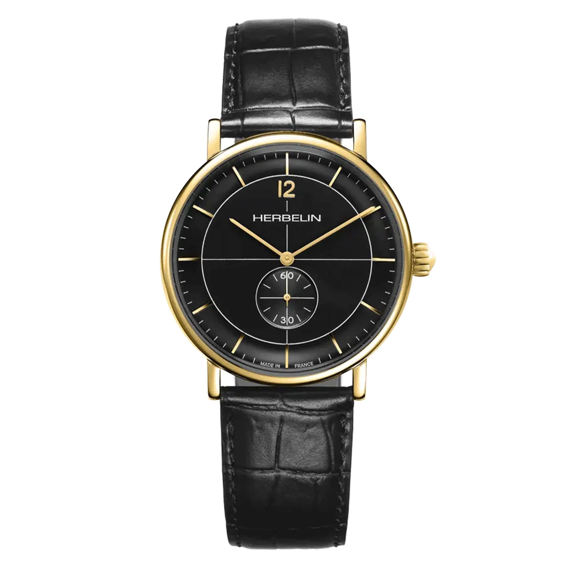 Michel Herbelin Montre Herbelin Inspiration quartz petite seconde PVD Or Jaune cadran noir bracelet cuir 40 mm