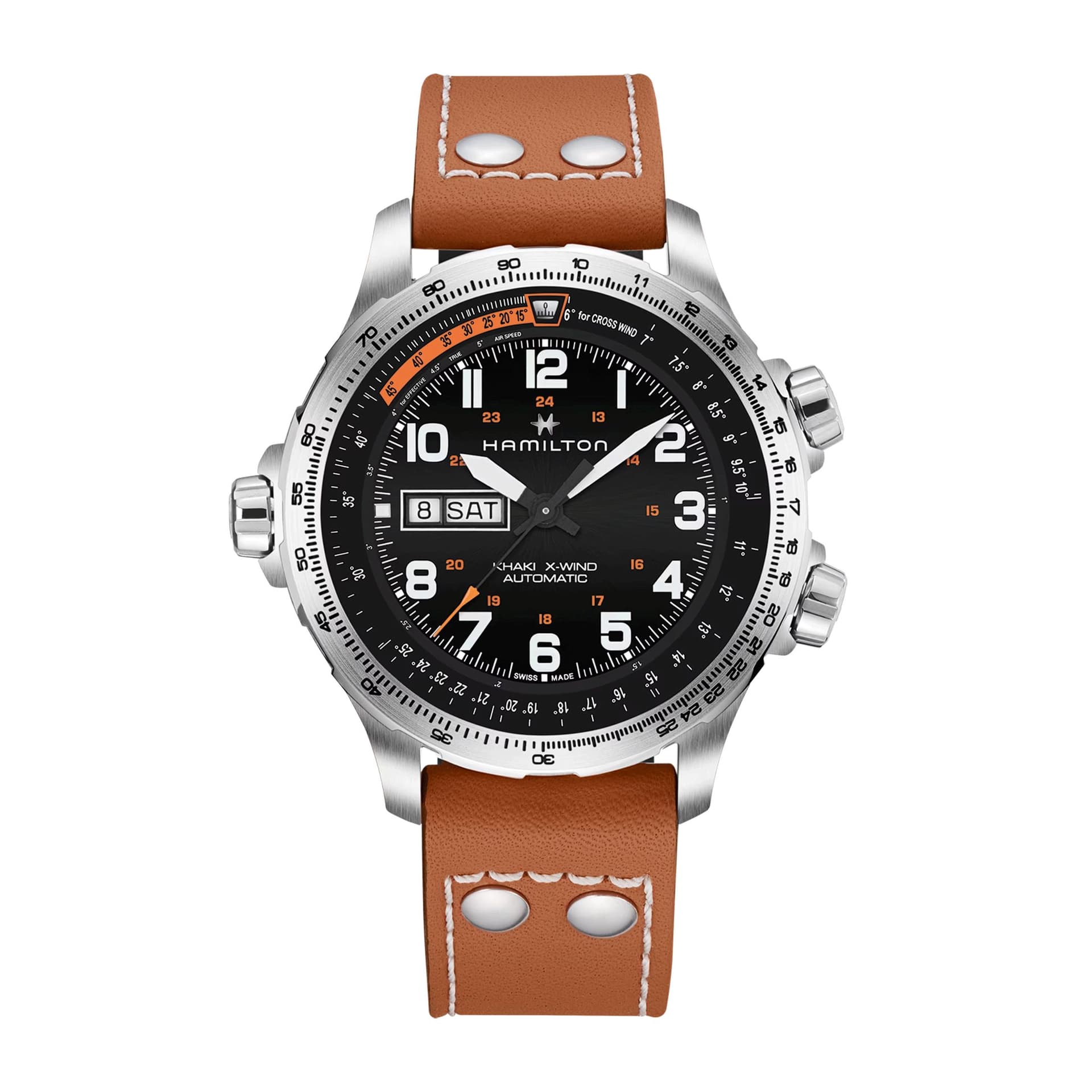 Hamilton Montre Hamilton Khaki Aviation X-Wind Day Date automatique cadran noir bracelet cuir marron 45 mm