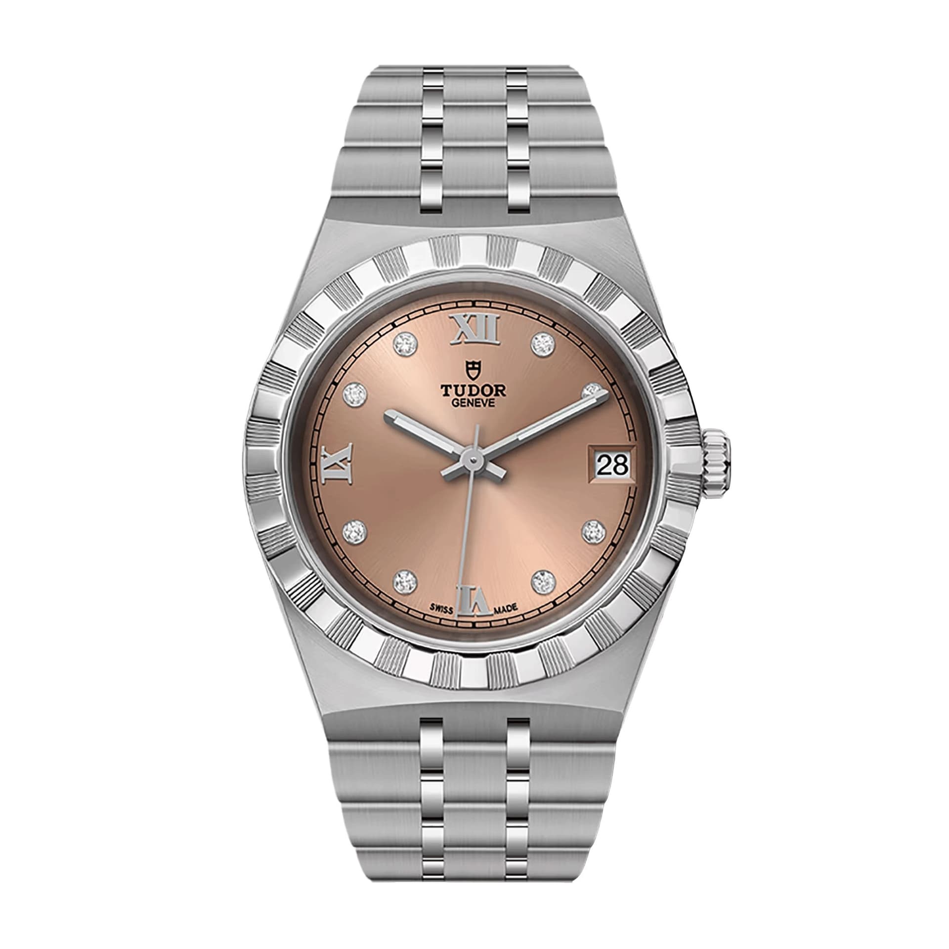Tudor Montre Tudor Royal automatique index diamants cadran saumon bracelet acier 34 mm