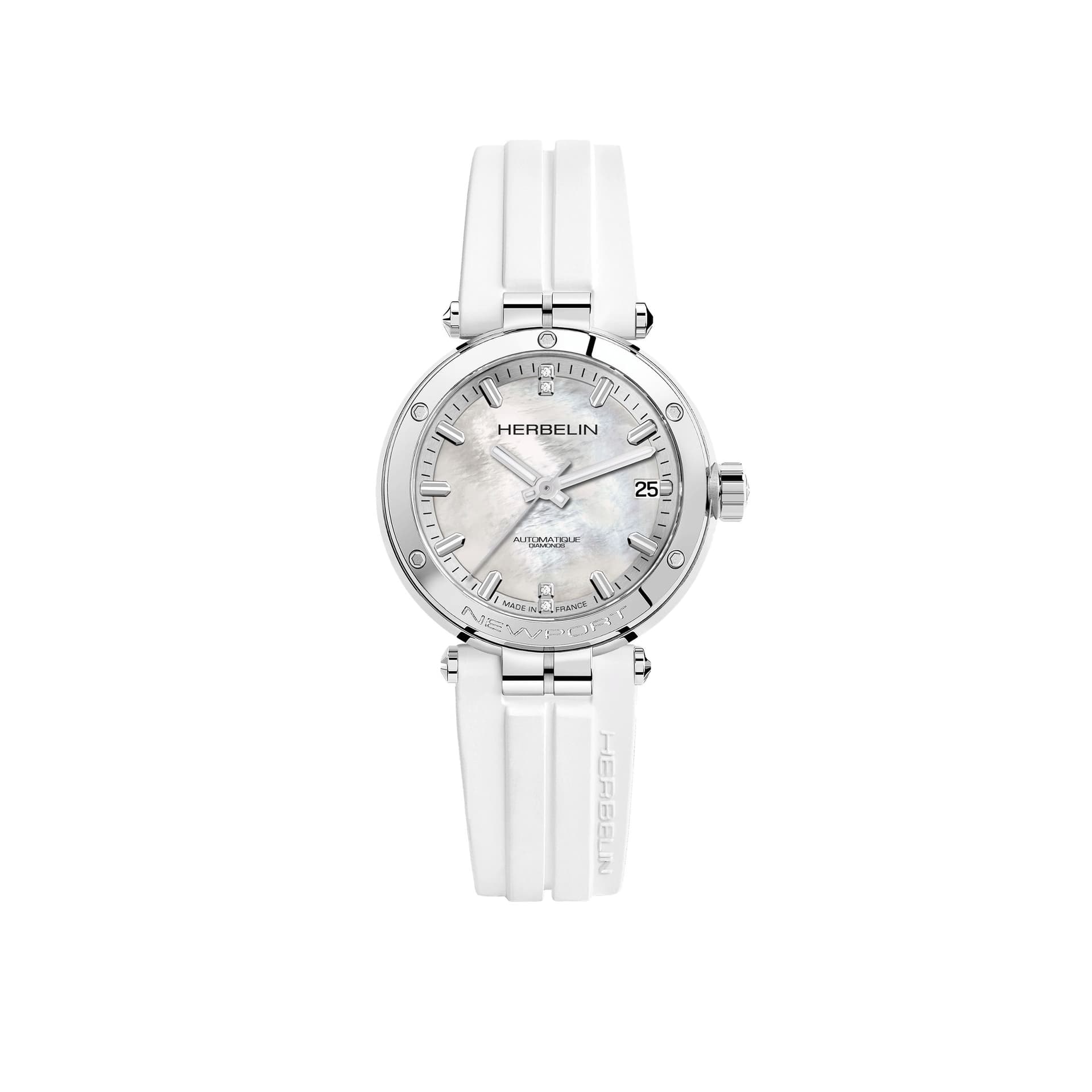 Michel Herbelin Montre Herbelin Newport automatique cadran nacre bracelet caoutchouc blanc 35 mm